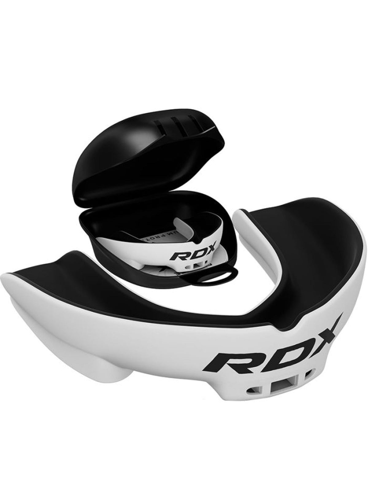RDX 3W boil and bite mouth guard, white/black, with ventilated carry case