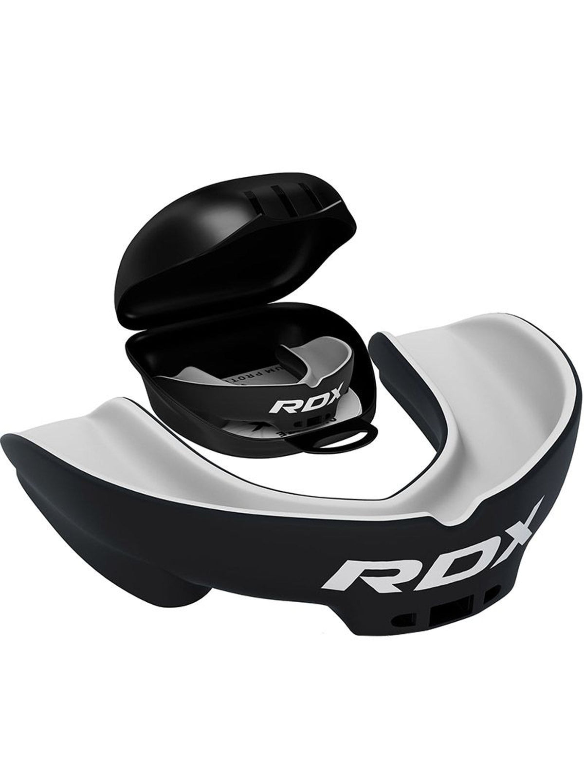 RDX 3W boil and bite mouth guard, black/white, with ventilated carry case
