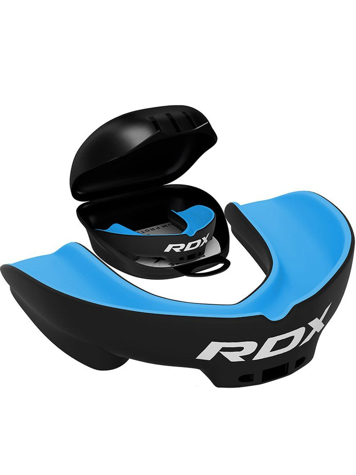 RDX 3W boil and bite mouth guard, blue, with ventilated carry case