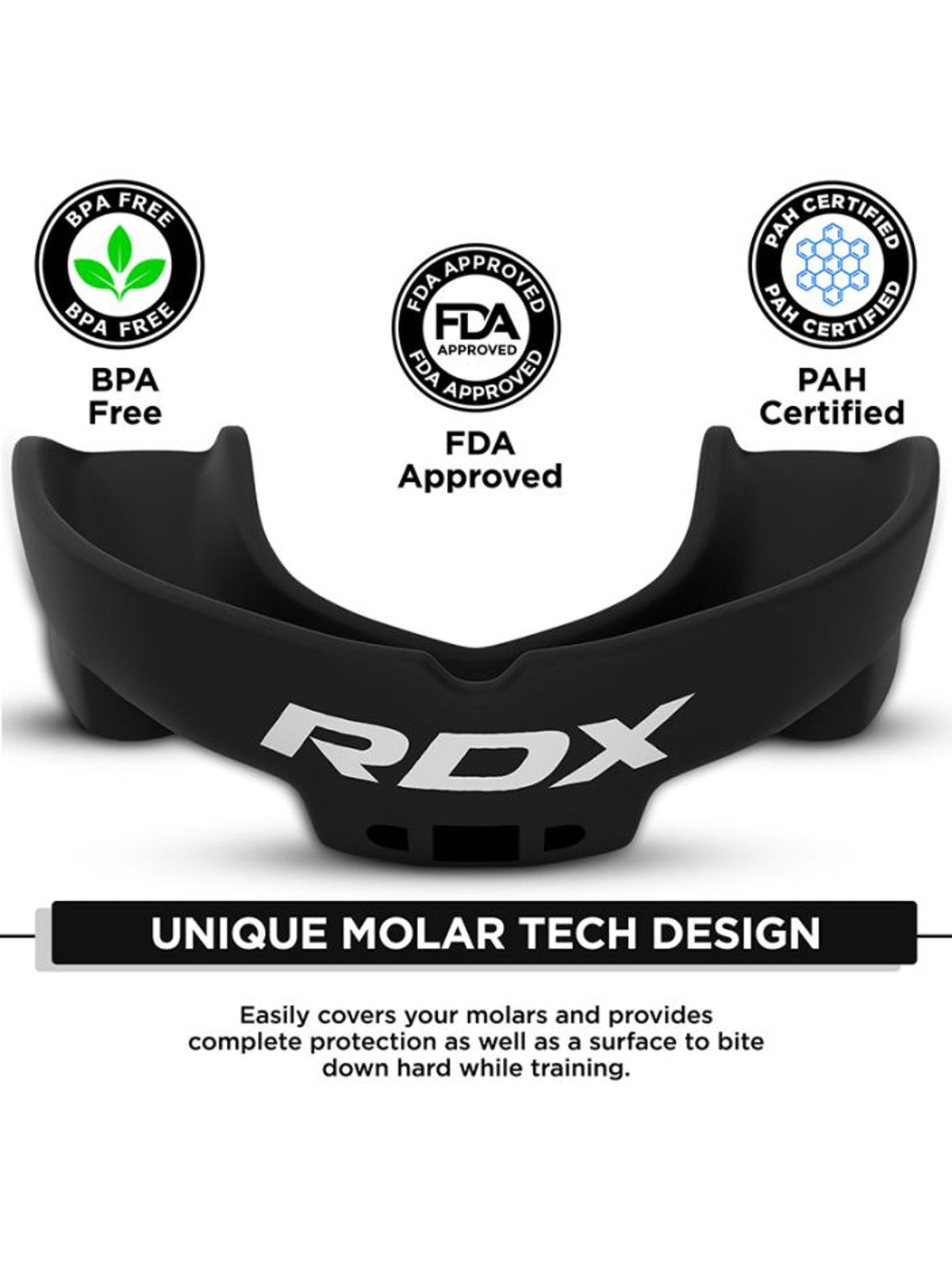 RDX 3W mouth guard, black - Molar Tech design and certification badges