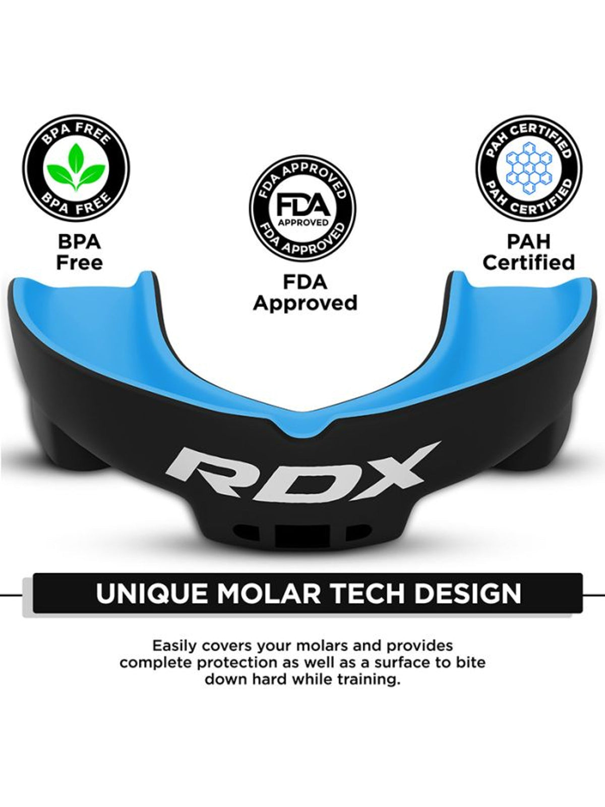RDX 3W mouth guard, blue - Molar Tech design and certification badges