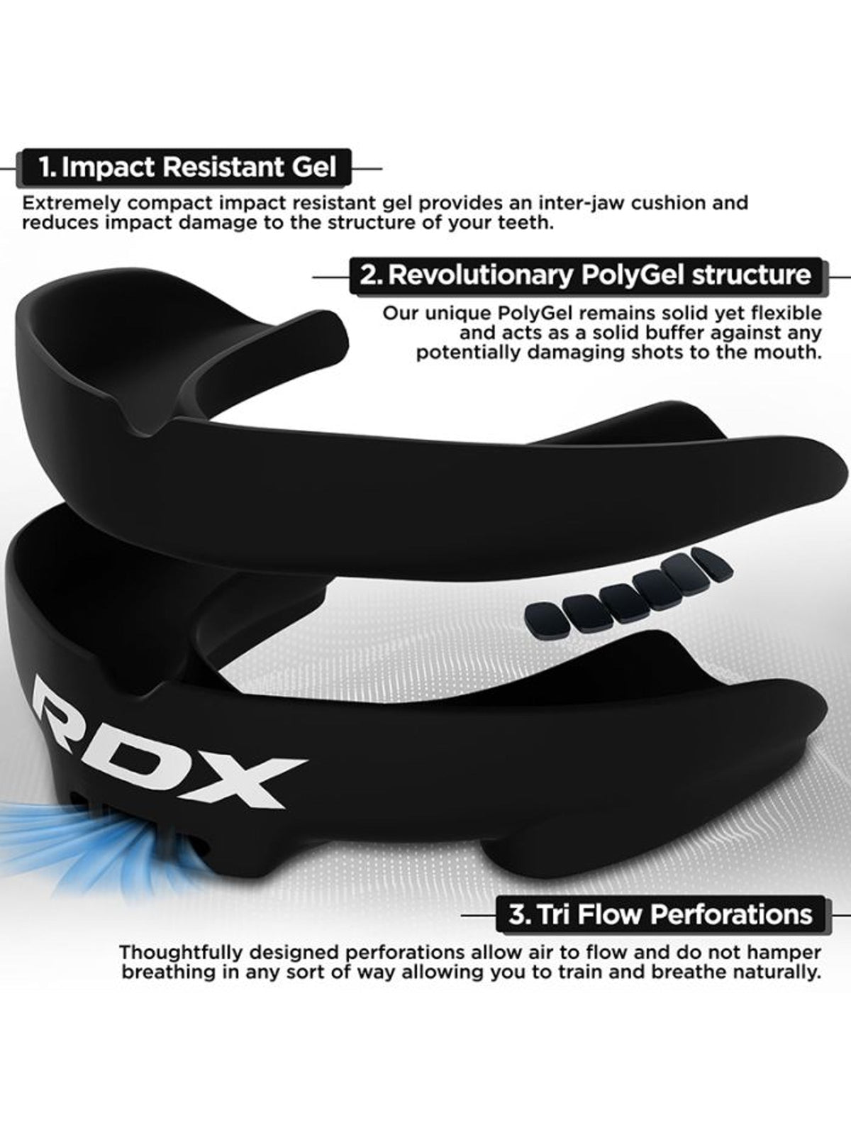 RDX 3W mouth guard, black - impact resistant gel and polygel structure features