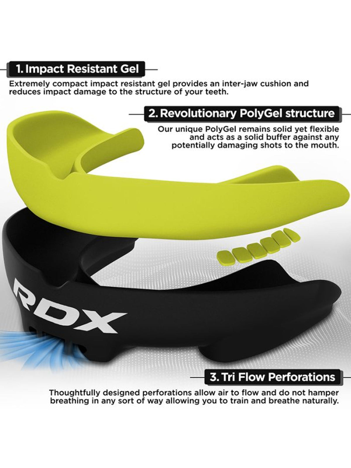 RDX 3W mouth guard, green - impact resistant gel and polygel structure features