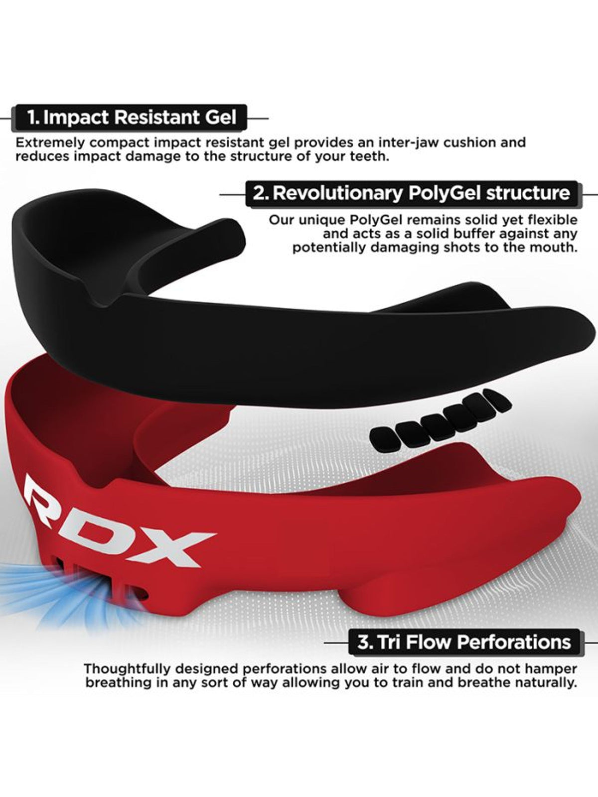 RDX 3W mouth guard, red/black - impact resistant gel and polygel structure features