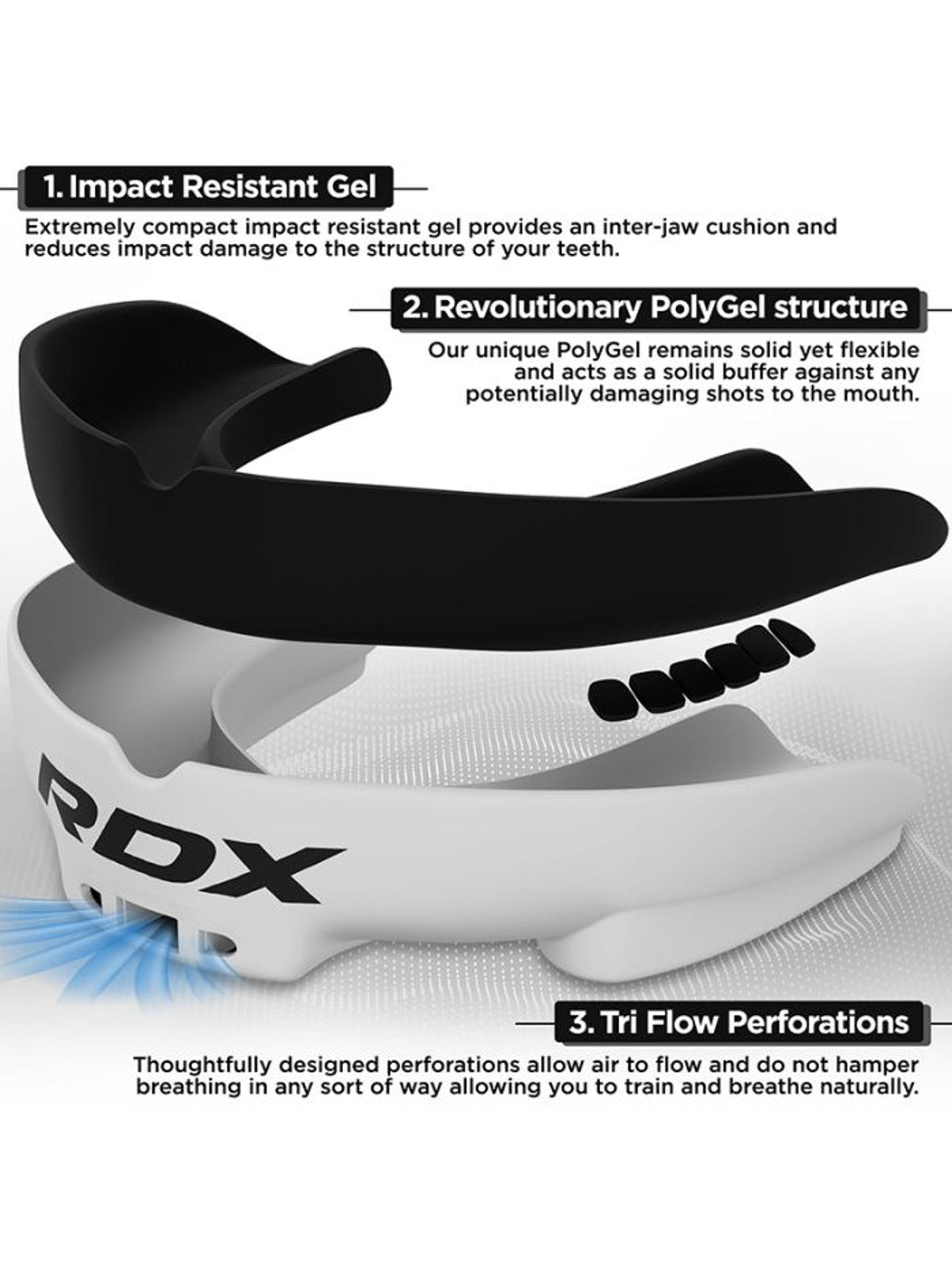 RDX 3W mouth guard, white/black - impact resistant gel and polygel structure features