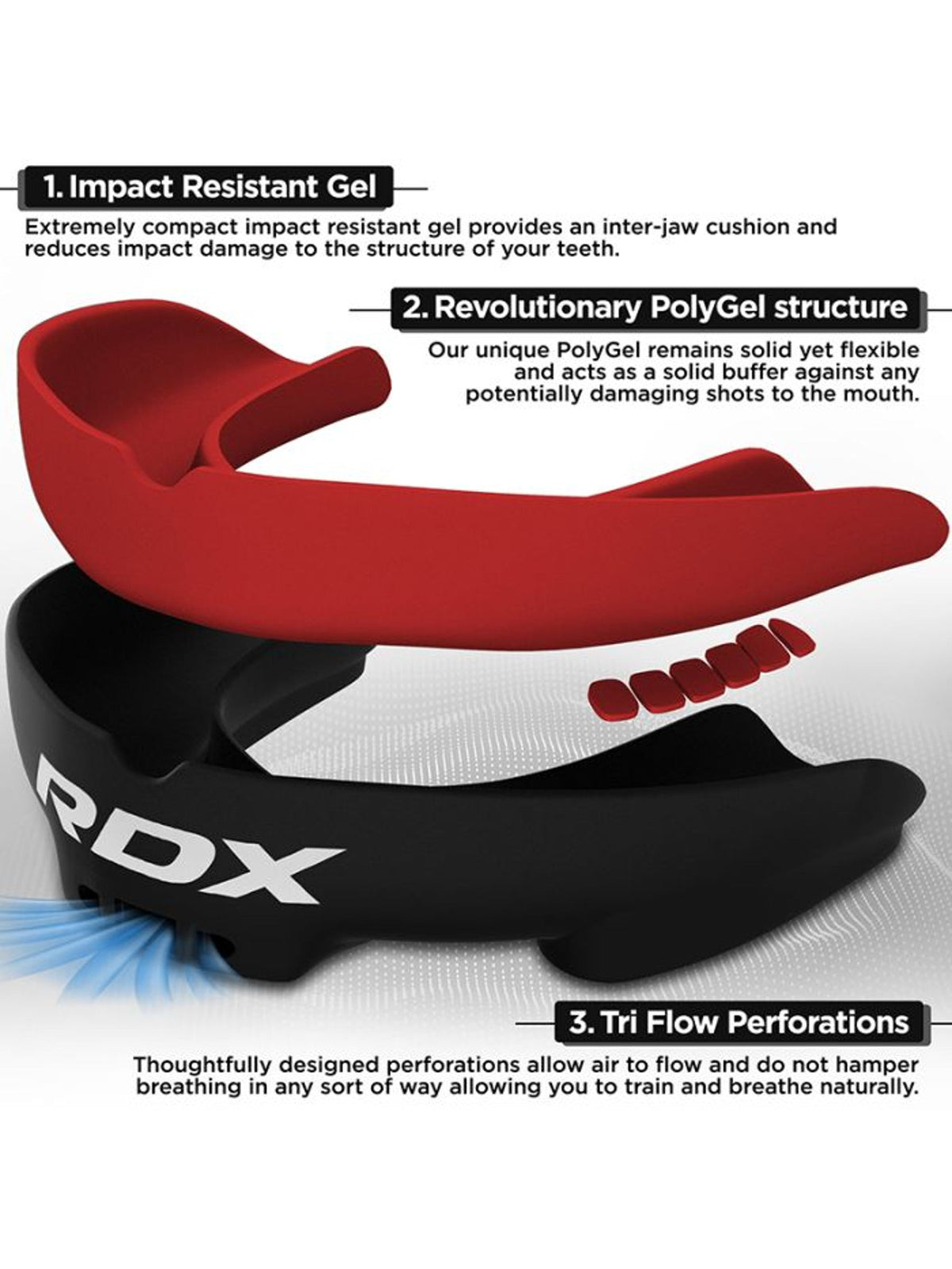 RDX 3W mouth guard, black/red - impact resistant gel and polygel structure features