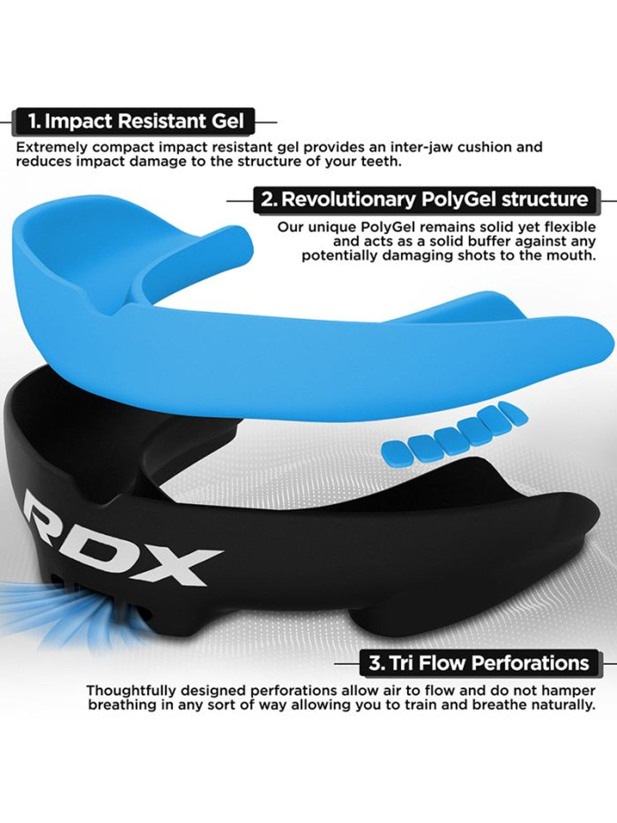 RDX 3W mouth guard, blue - impact resistant gel and polygel structure features