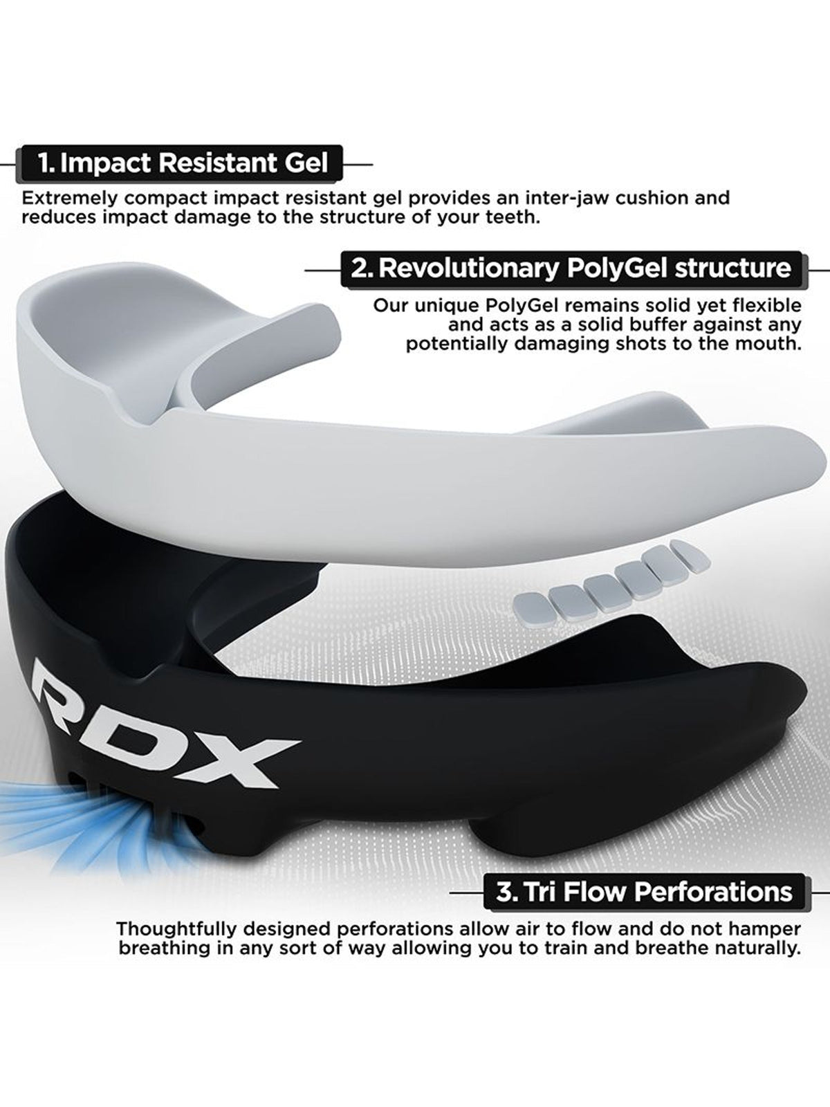 RDX 3W mouth guard, black/white - impact resistant gel and polygel structure features