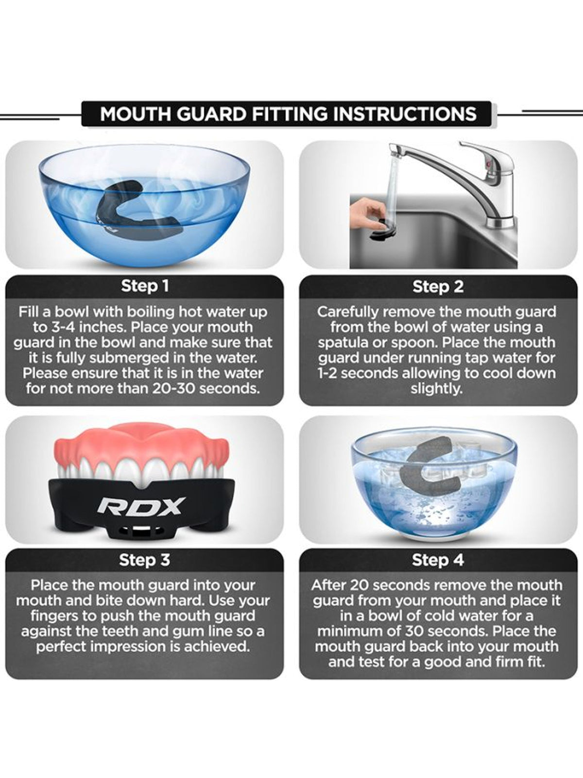 RDX 3W mouth guard fitting instructions - boil and bite moulding steps