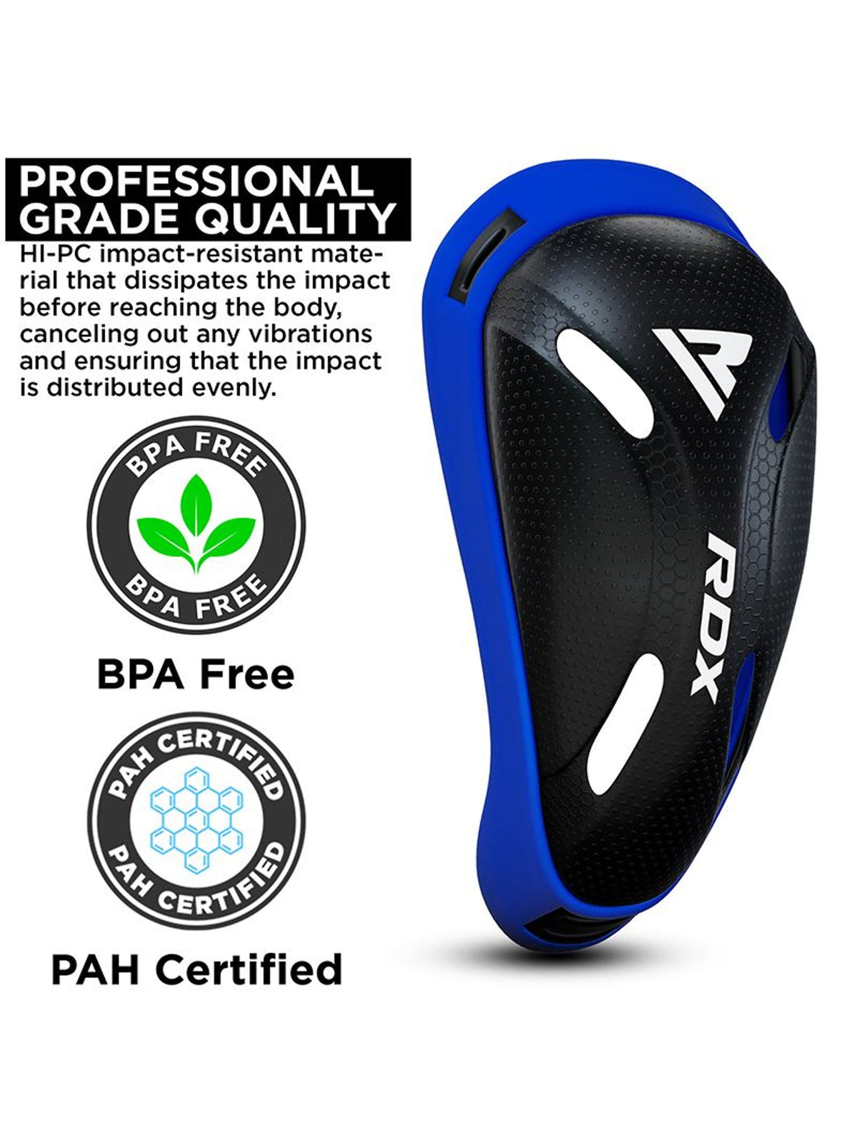 RDX CX Polygel Groin Cup, blue/black, studio image 4