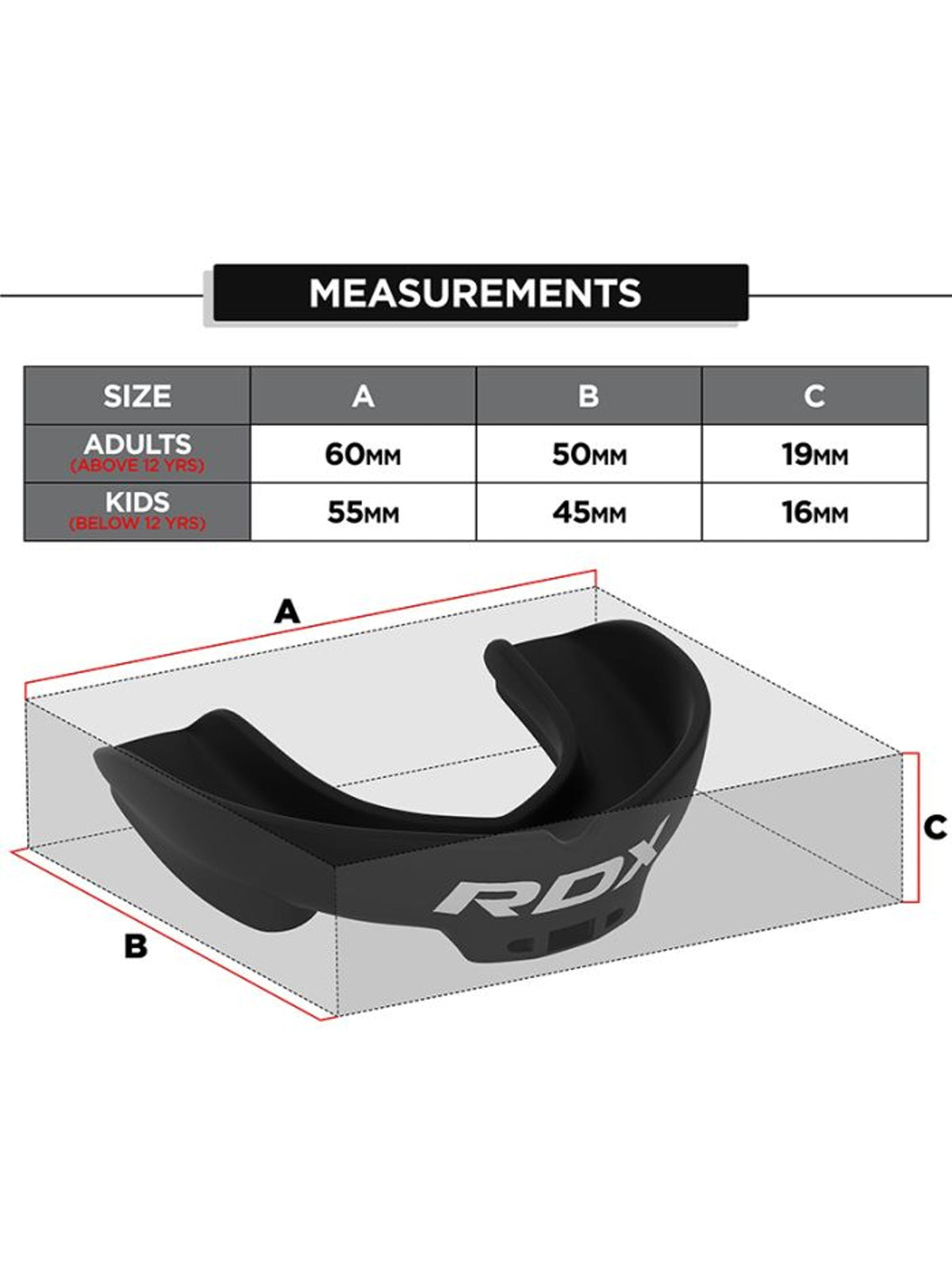 RDX 3W mouth guard size chart, black - adult and junior measurements