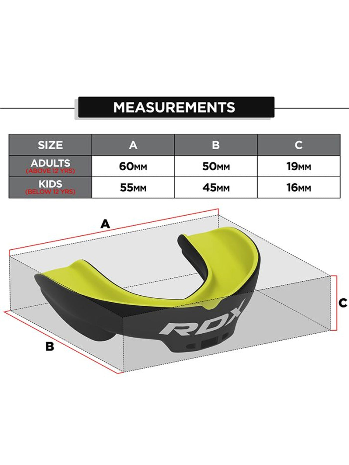 RDX 3W mouth guard size chart, green - adult and junior measurements