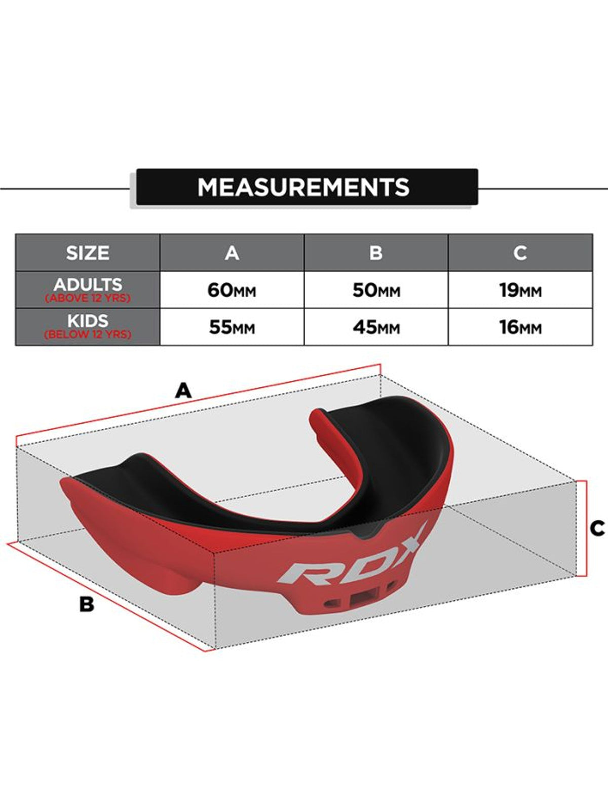 RDX 3W mouth guard size chart, red/black - adult and junior measurements