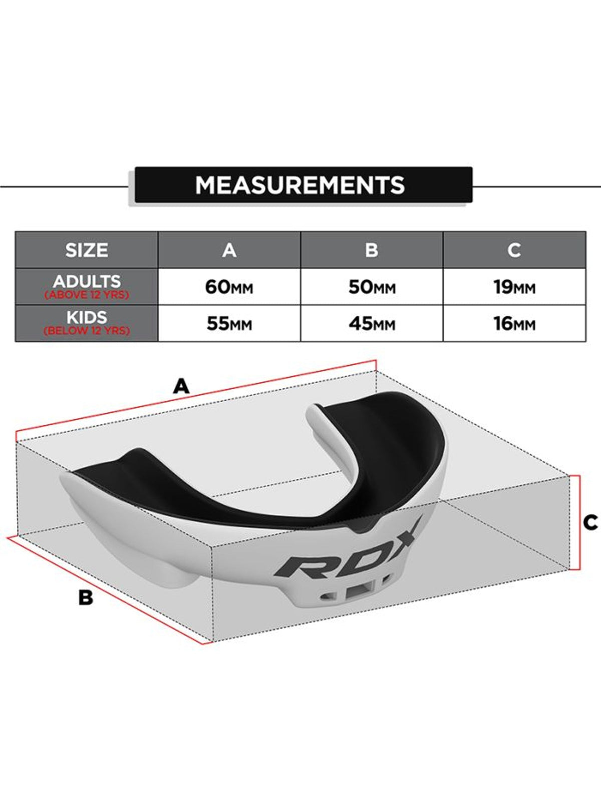 RDX 3W mouth guard size chart, white/black - adult and junior measurements