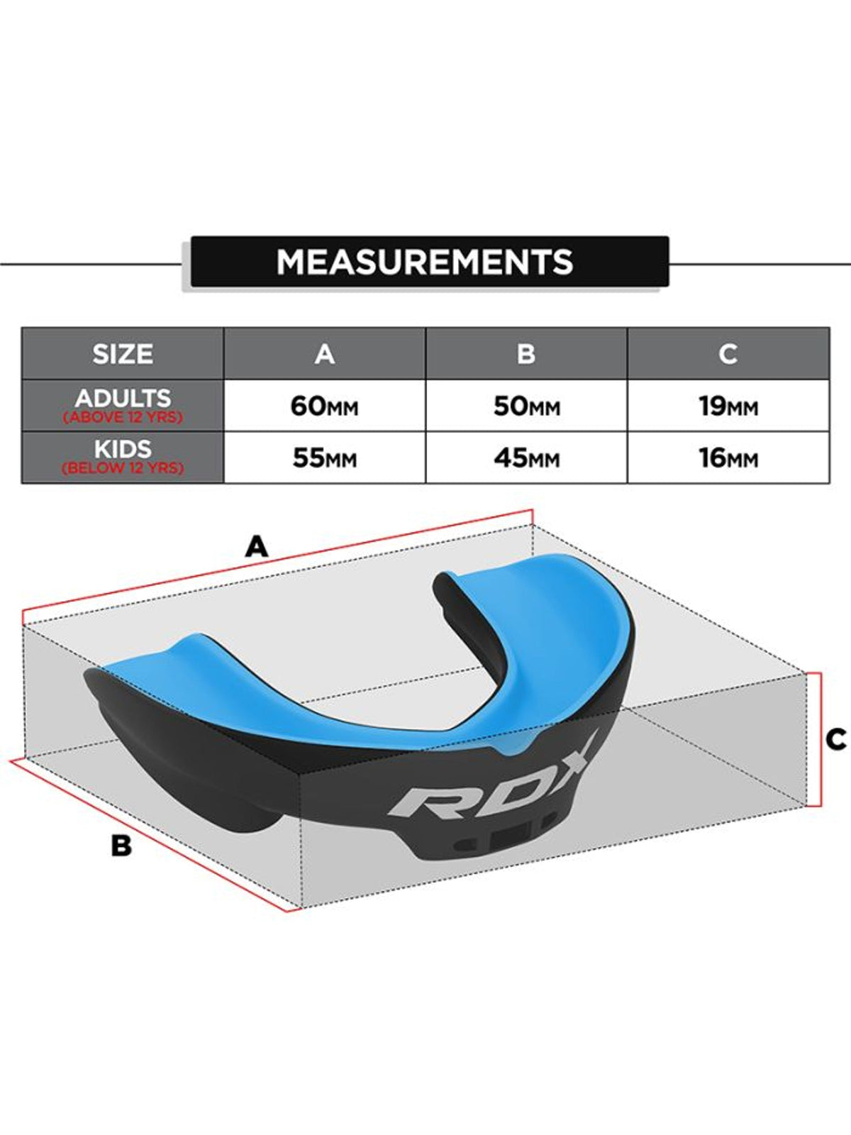 RDX 3W mouth guard size chart, blue - adult and junior measurements