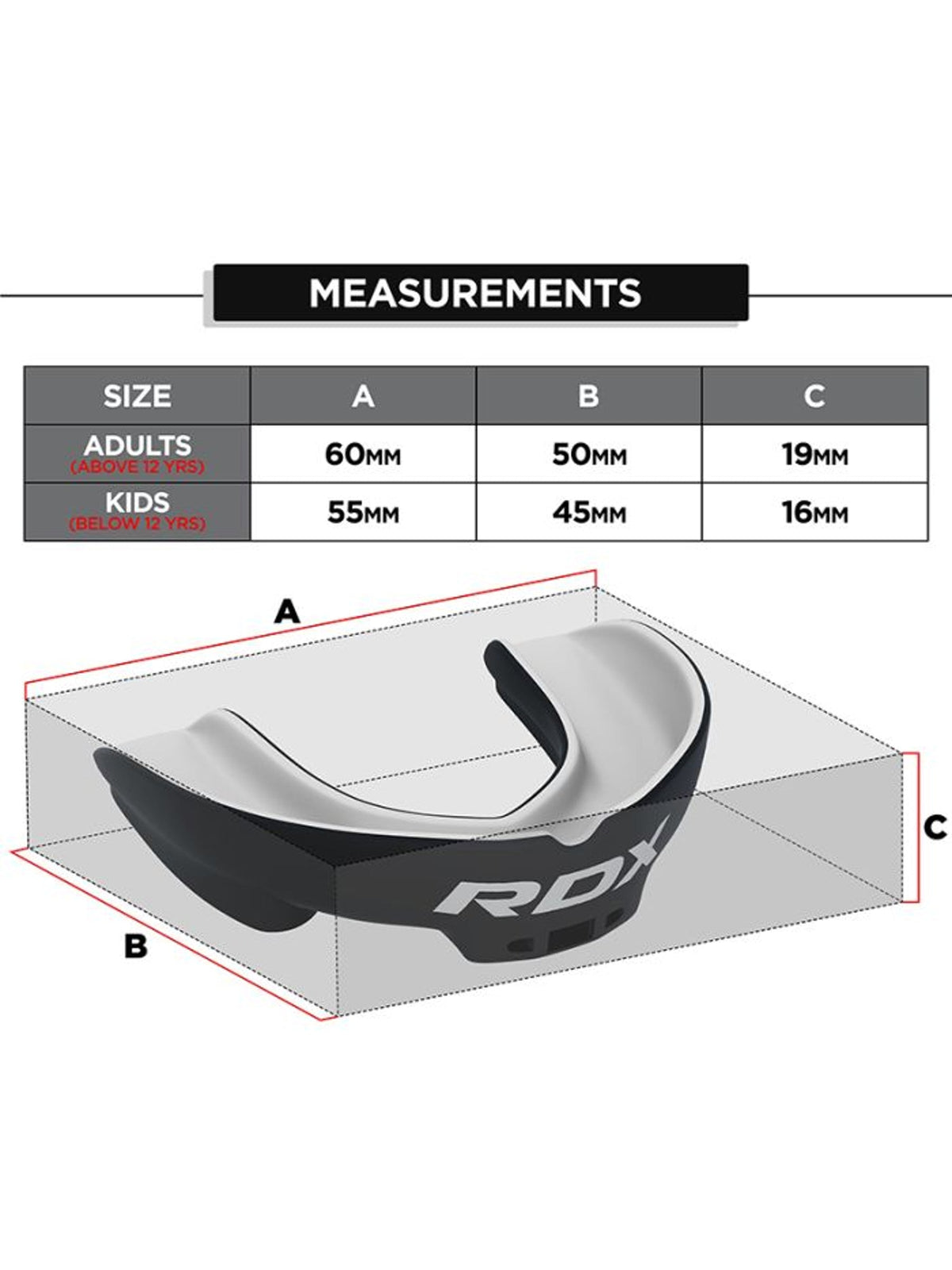 RDX 3W mouth guard size chart, black/white - adult and junior measurements