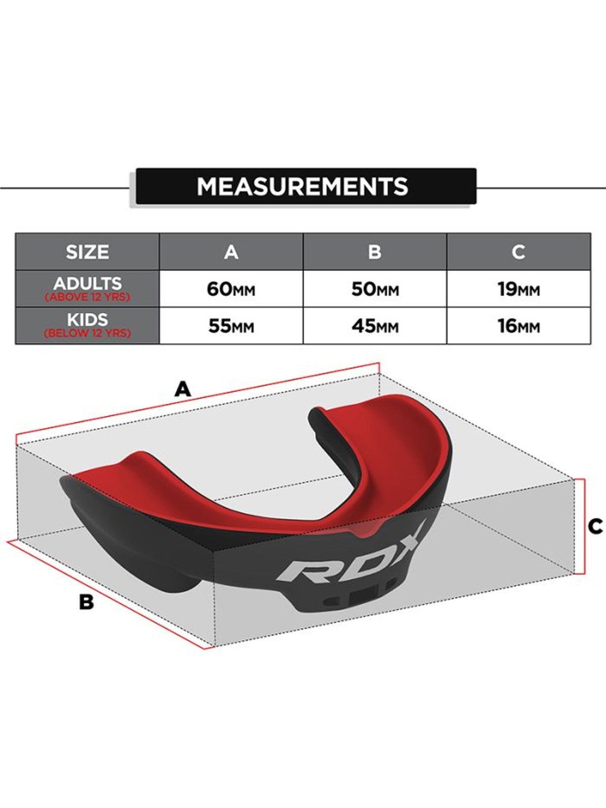 RDX 3W mouth guard size chart, black/red - adult and junior measurements
