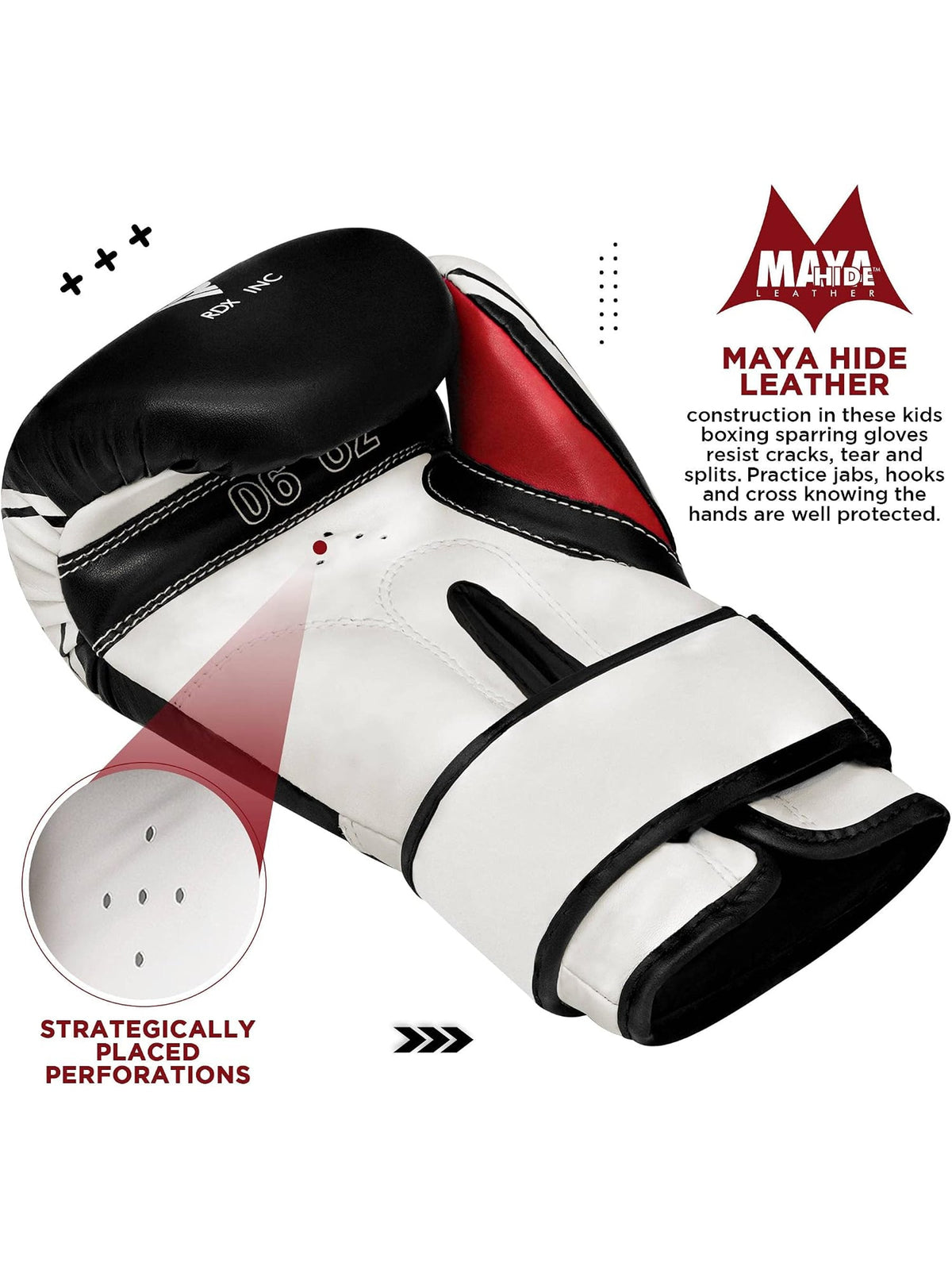 RDX 4B Robo Kids Boxing Gloves feature graphic: Maya Hide leather shell with strategically placed perforations