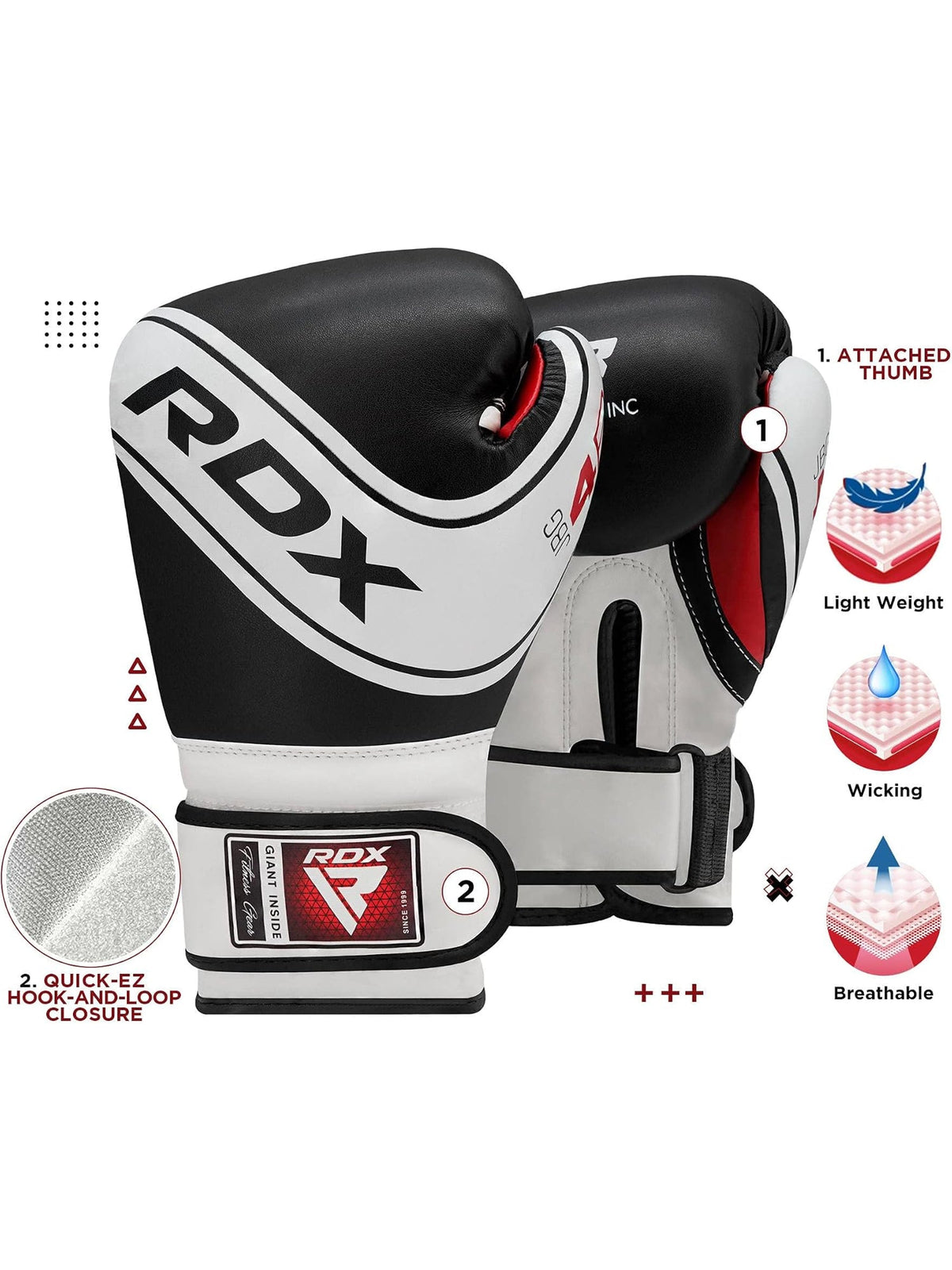 RDX 4B Robo Kids Boxing Gloves feature graphic: attached thumb, Quick-EZ hook-and-loop closure, light weight, moisture wicking and breathable construction