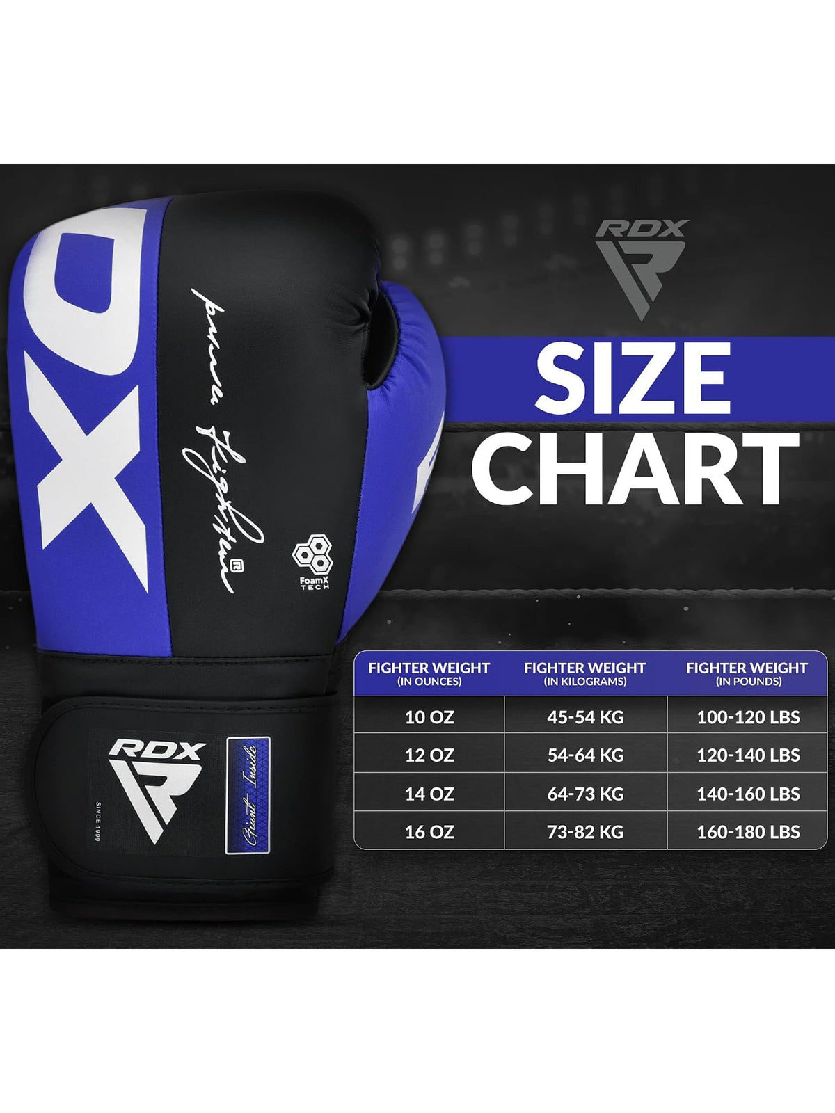 RDX F4 Boxing Sparring Gloves Hook & Loop, size chart