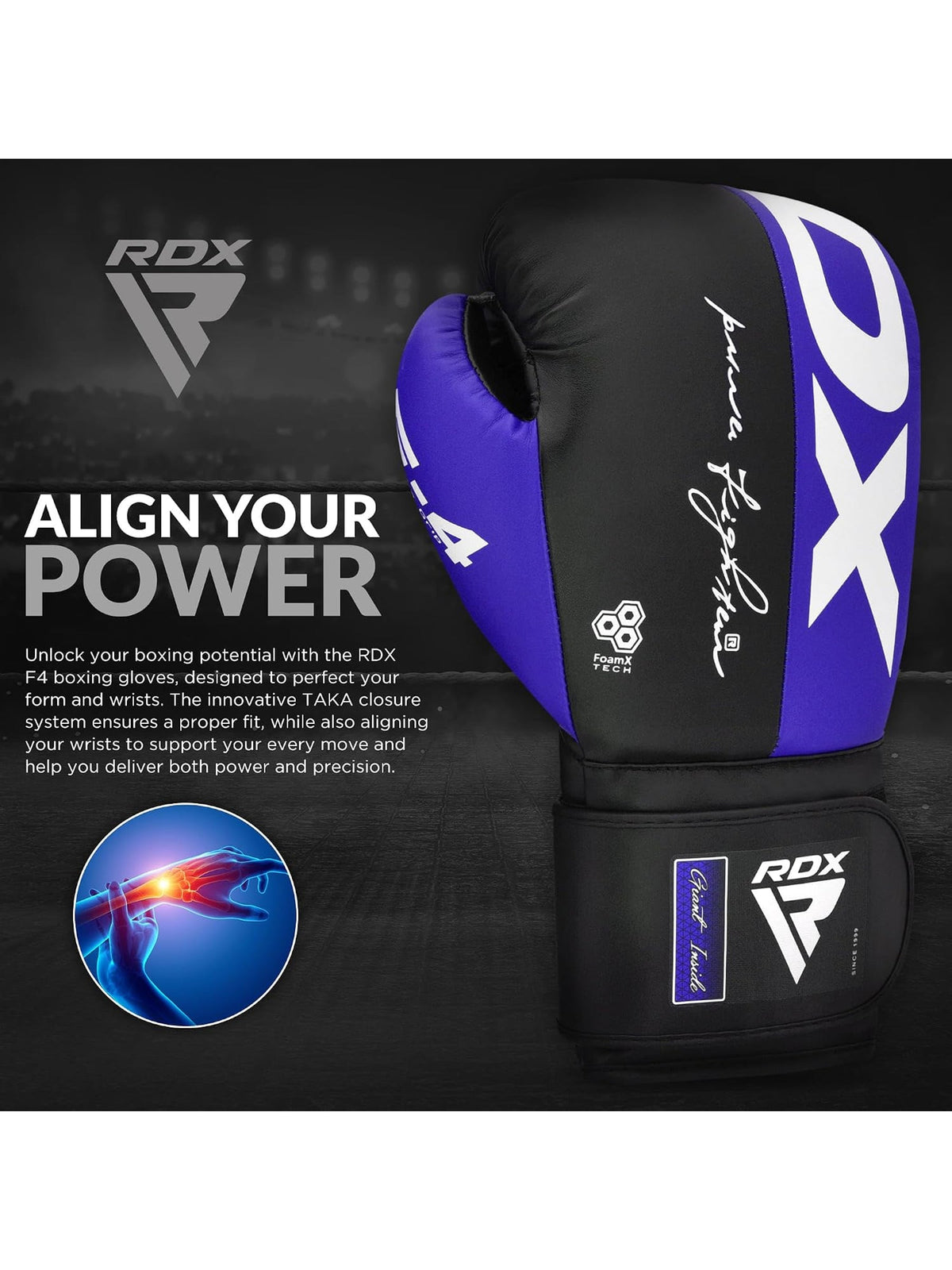 RDX F4 Boxing Sparring Gloves Hook & Loop, TAKA closure wrist alignment graphic