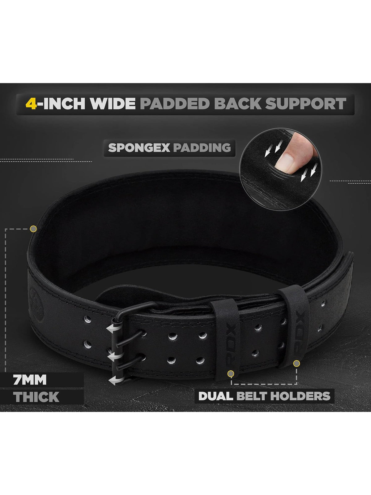 RDX 4 Inch Leather Weightlifting Gym Belt feature graphic: 4-inch wide padded back support, Spongex padding, 7mm thick, dual belt holders