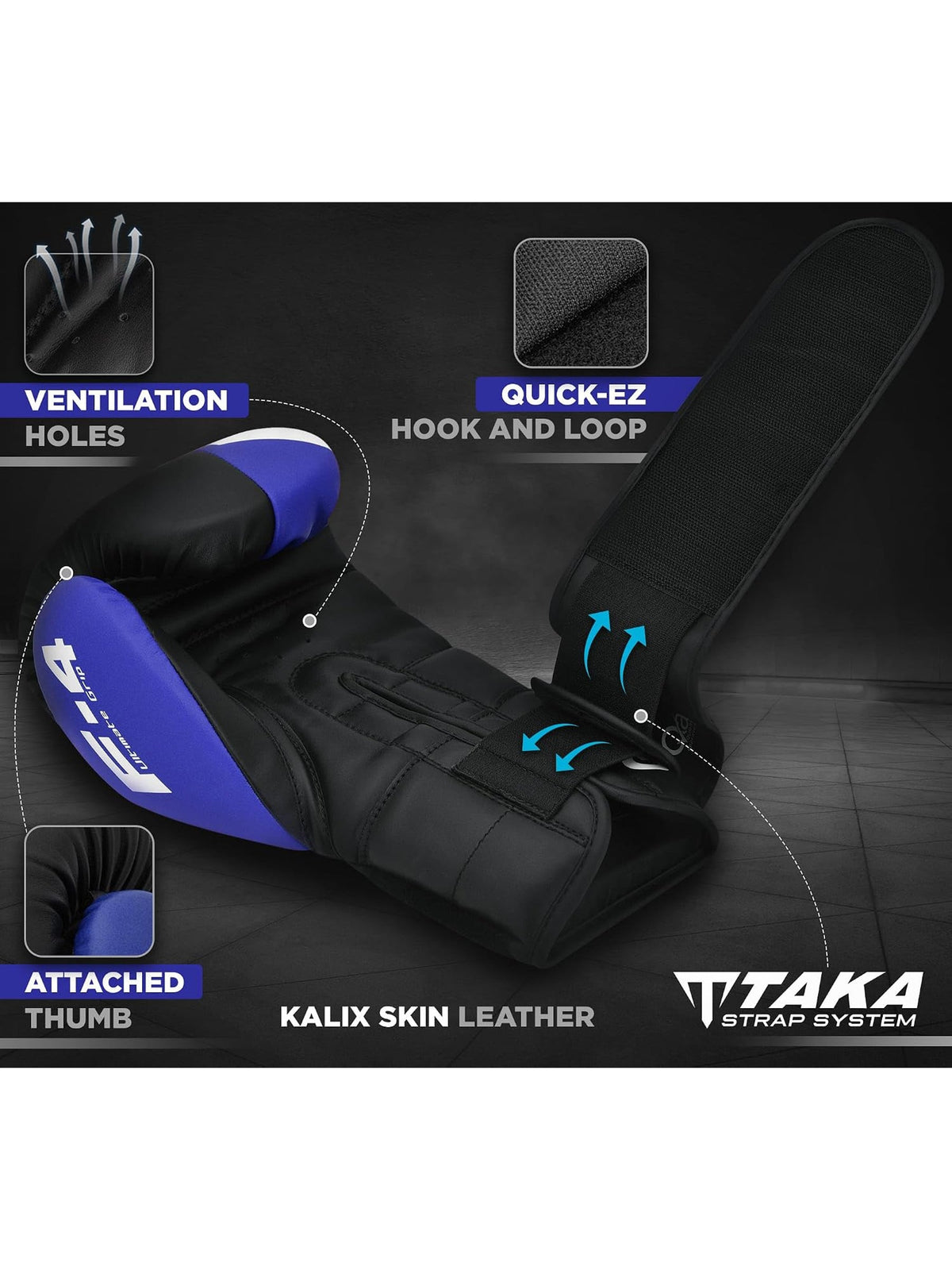 RDX F4 Boxing Sparring Gloves Hook & Loop, feature graphic: ventilation, attached thumb, Quick EZ hook and loop