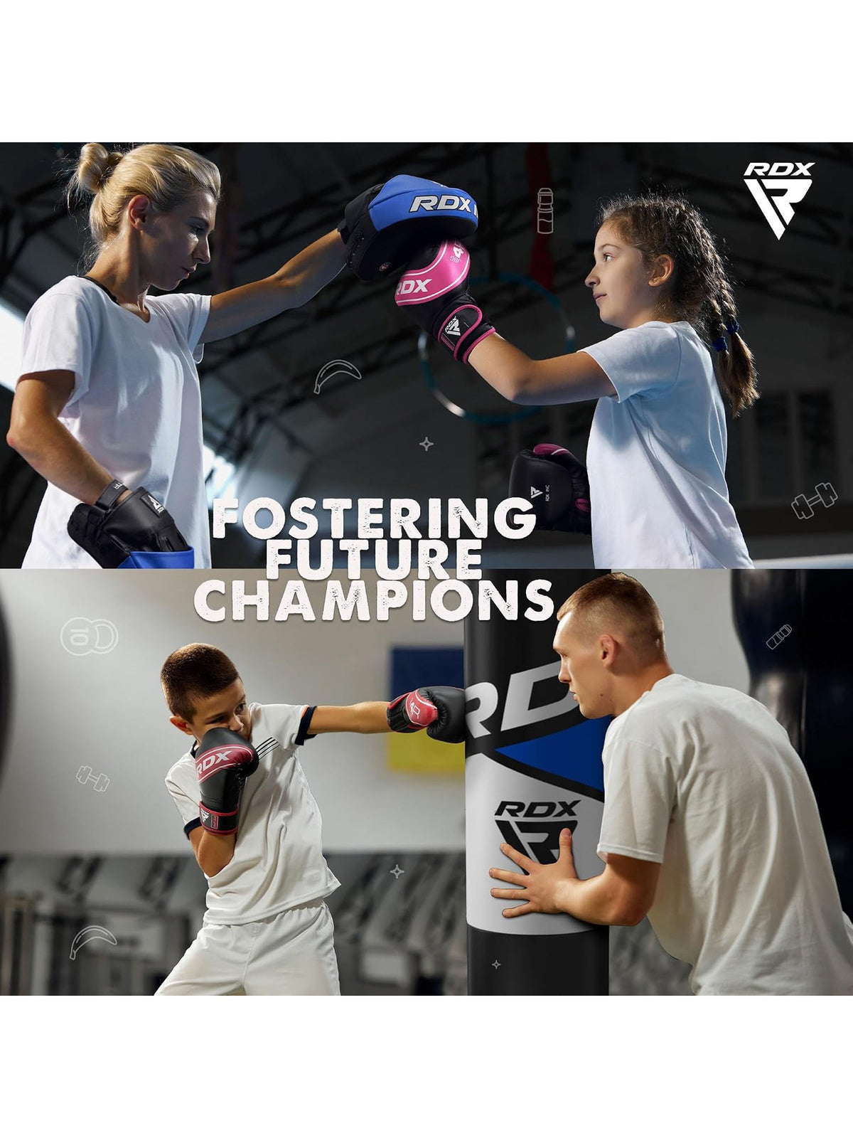 Children training with RDX 4B Robo Kids Boxing Gloves on focus pads and punch bags