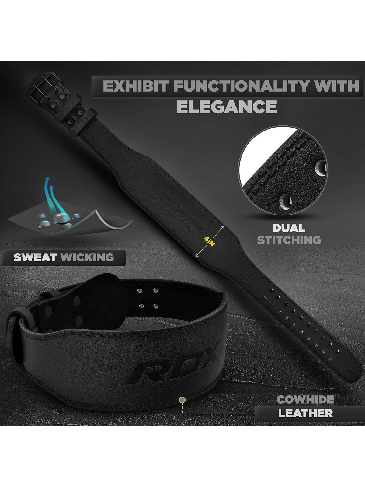 RDX 4 Inch Leather Weightlifting Gym Belt feature graphic: dual stitching, sweat wicking lining and cowhide leather