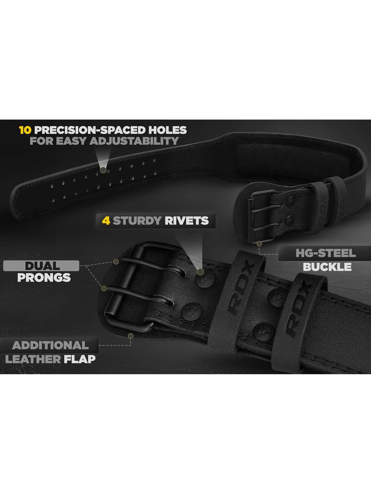 RDX 4 Inch Leather Weightlifting Gym Belt feature graphic: precision-spaced holes, sturdy rivets, hi-steel dual-prong buckle and additional leather flap