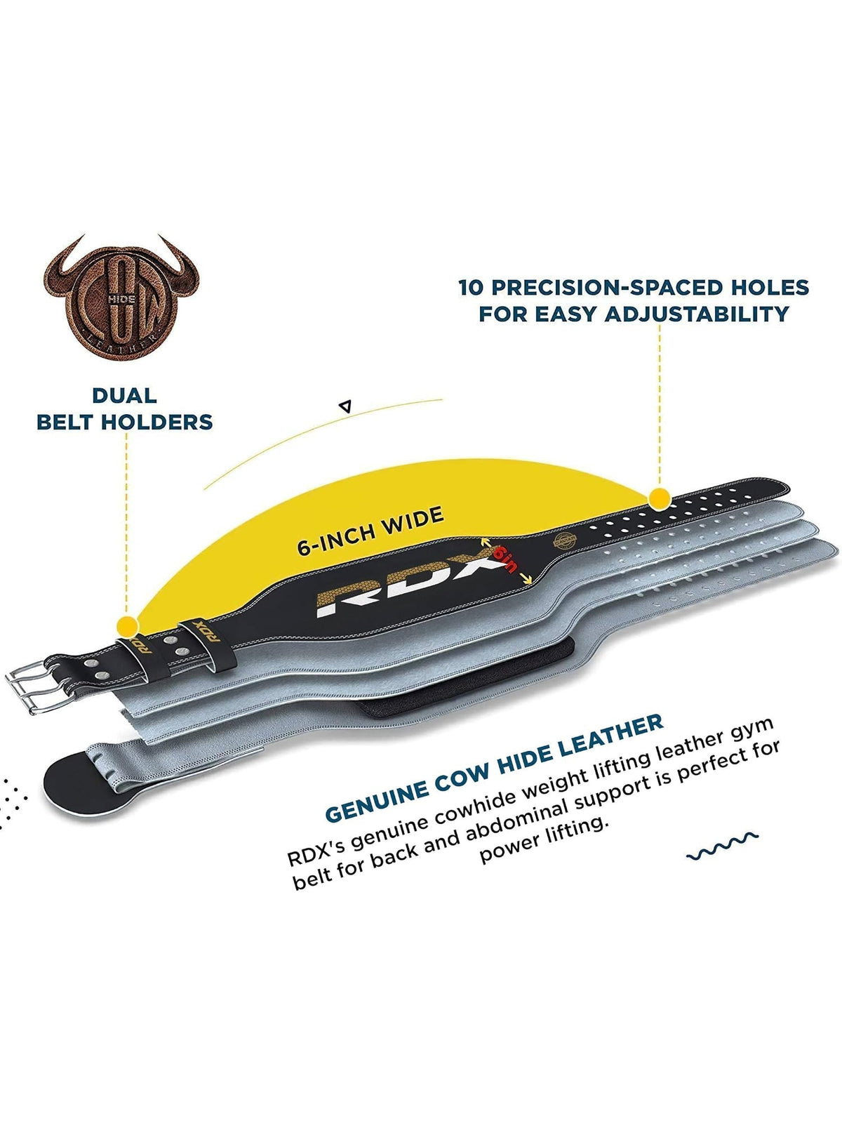 RDX 6 Inch Leather Gym Belt feature graphic - 6-inch wide, 10 precision-spaced holes, dual belt holders, genuine cowhide leather