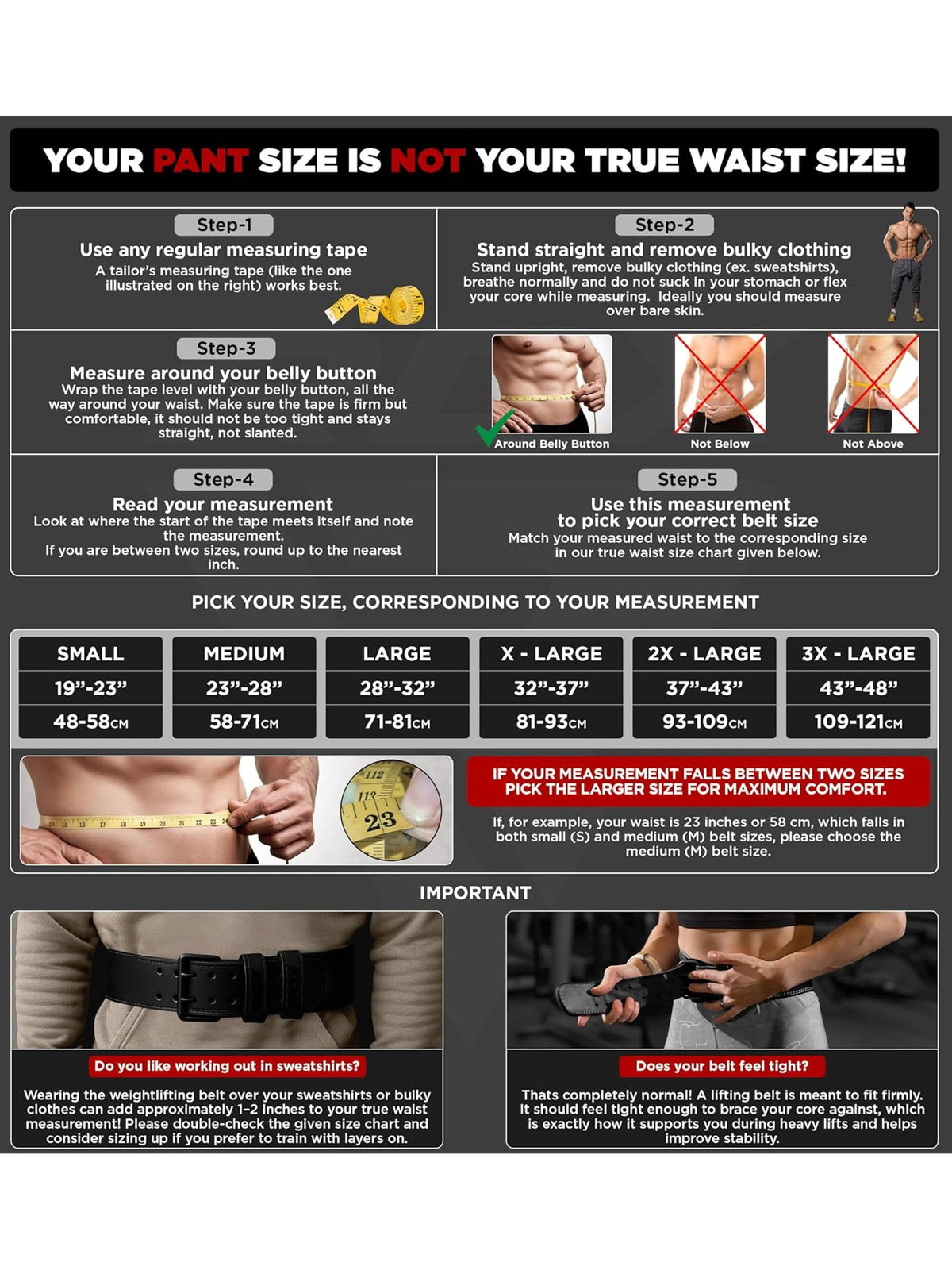 RDX weightlifting belt size chart: how to measure your true waist and pick your belt size from Small to 3X-Large