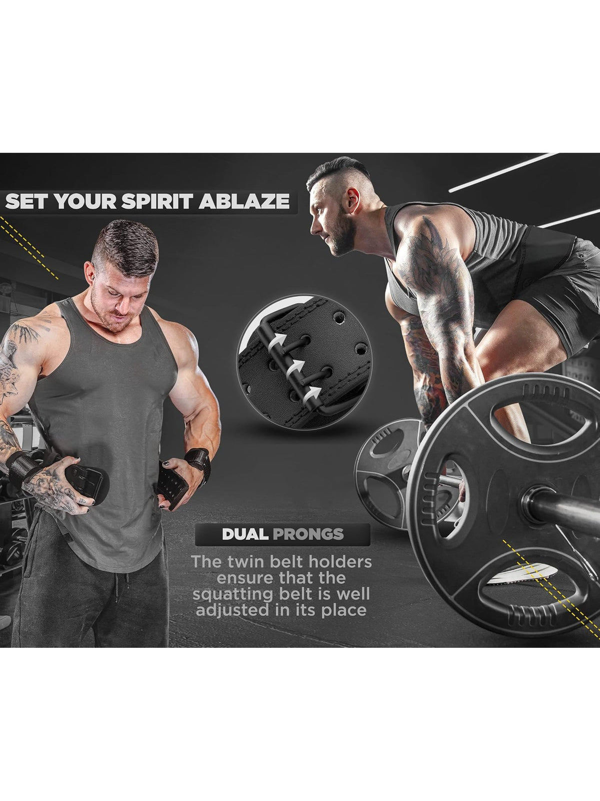RDX 4 Inch Leather Weightlifting Gym Belt in training use, dual-prong buckle callout