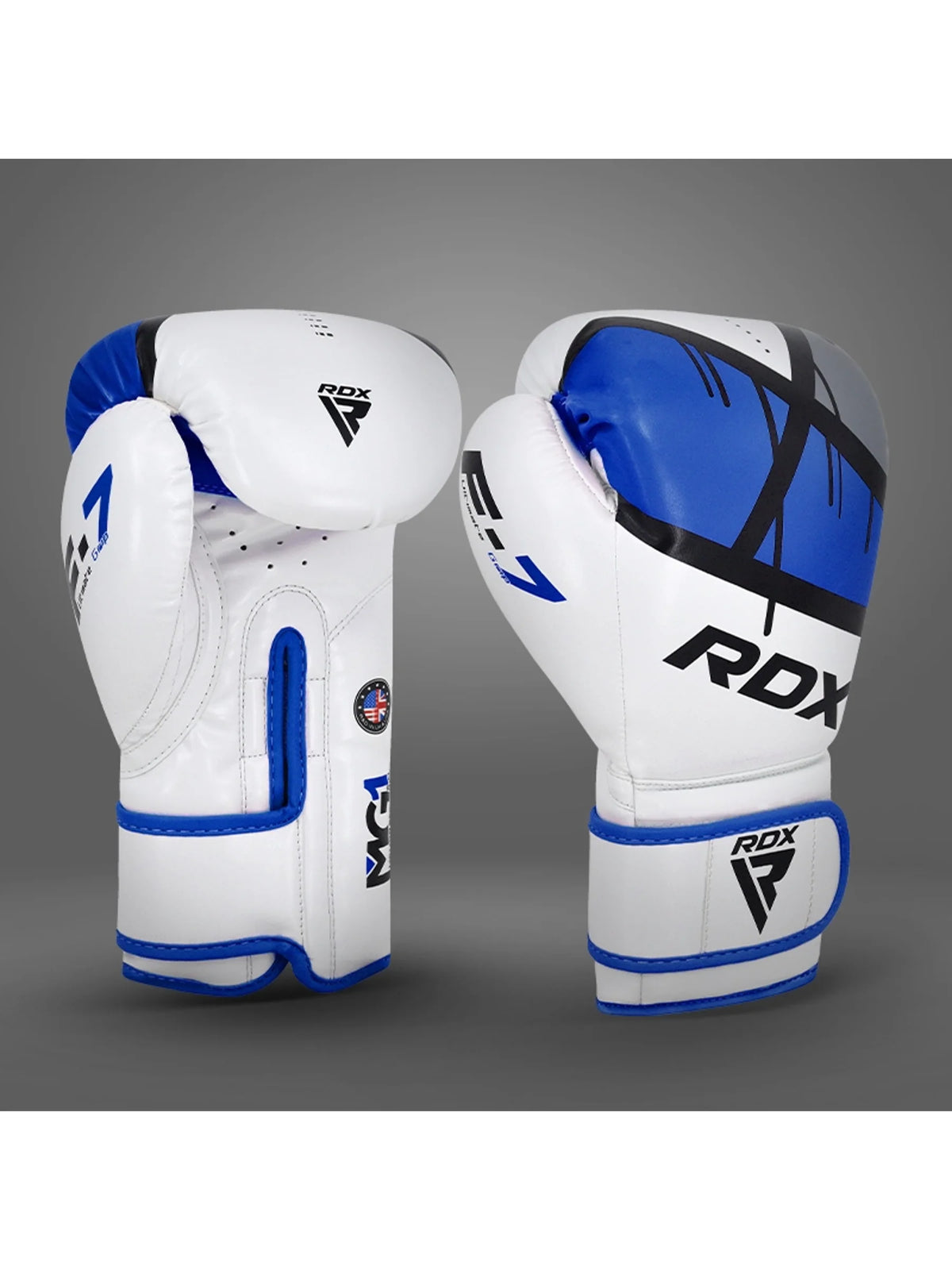 RDX F7 Ego Boxing Gloves, blue, pair palm and back view