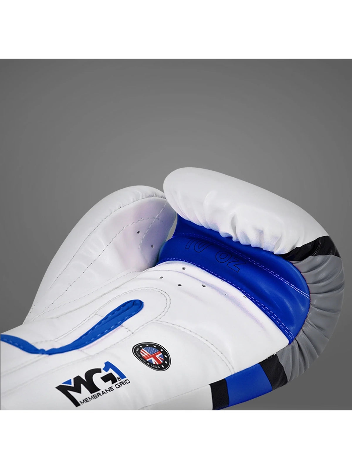 RDX F7 Ego Boxing Glove, blue, palm and cuff close-up