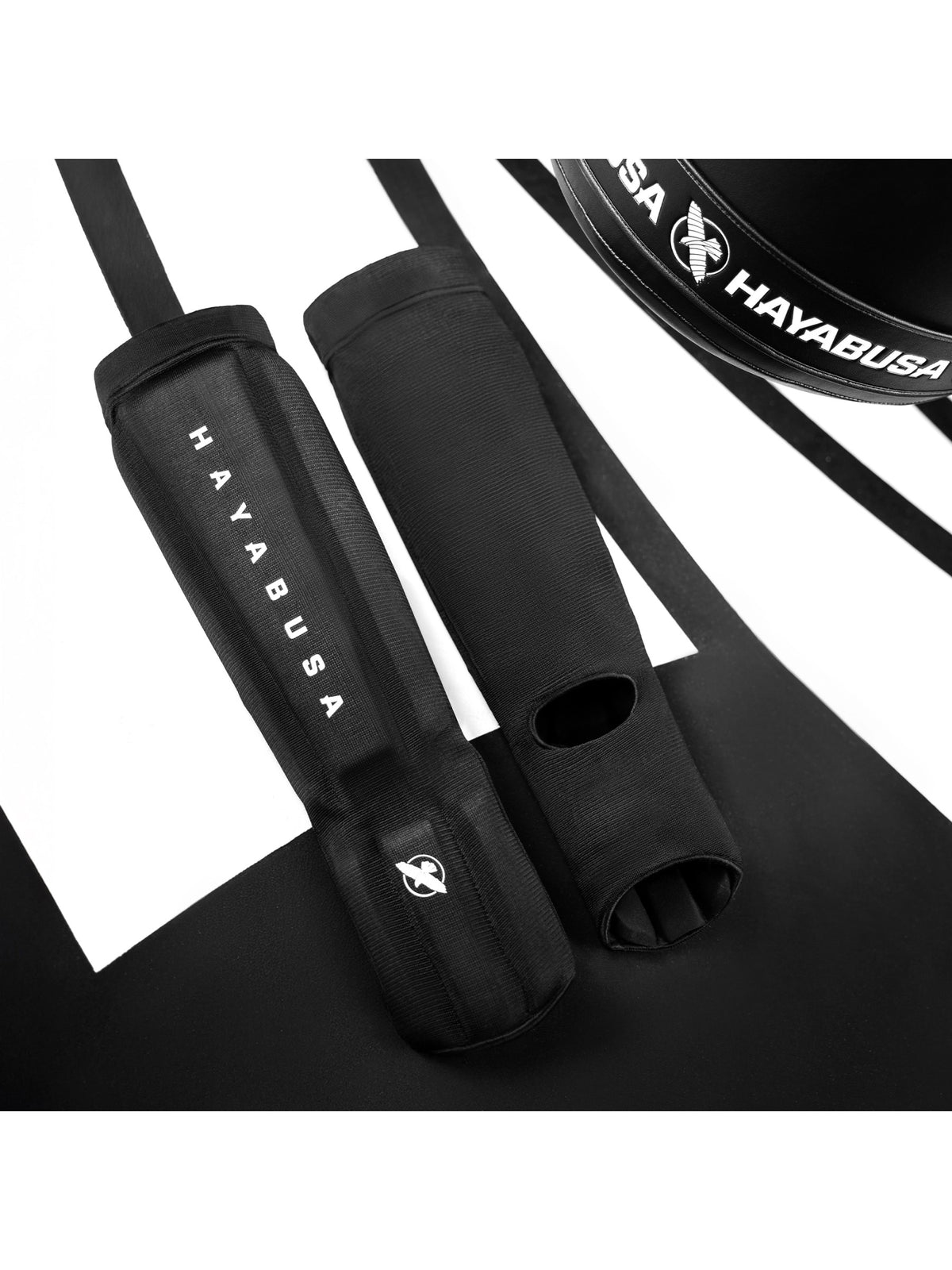 Hayabusa Core Sleeved Shin Guards, black, feature graphic