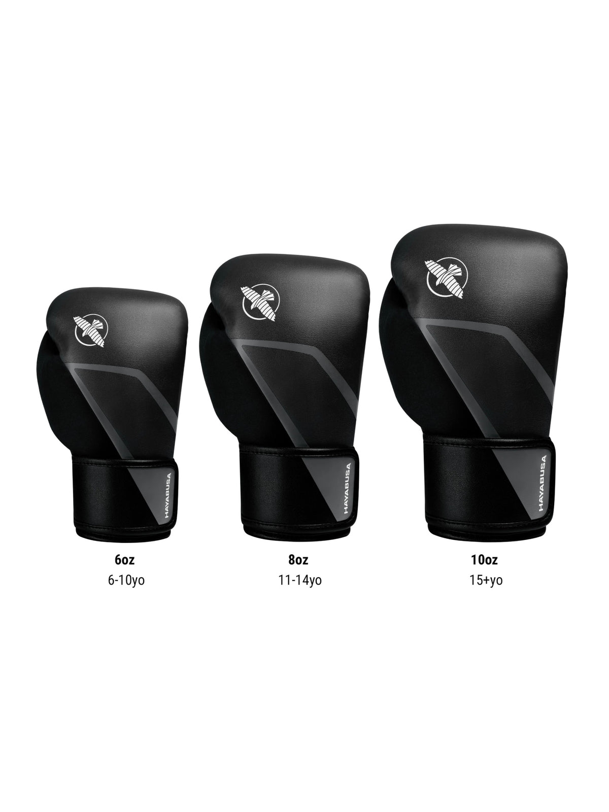 Hayabusa E1 Kids Boxing Gloves, black, size chart