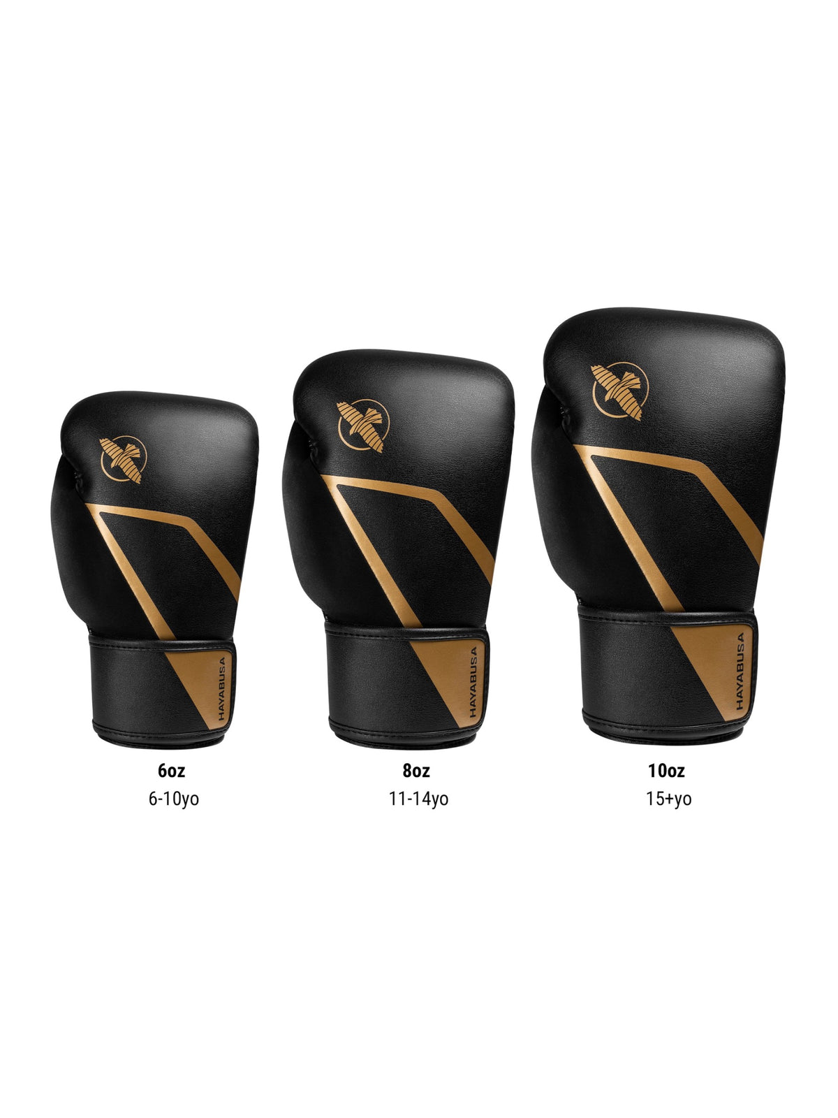 Hayabusa E1 Kids Boxing Gloves, black/gold, size chart