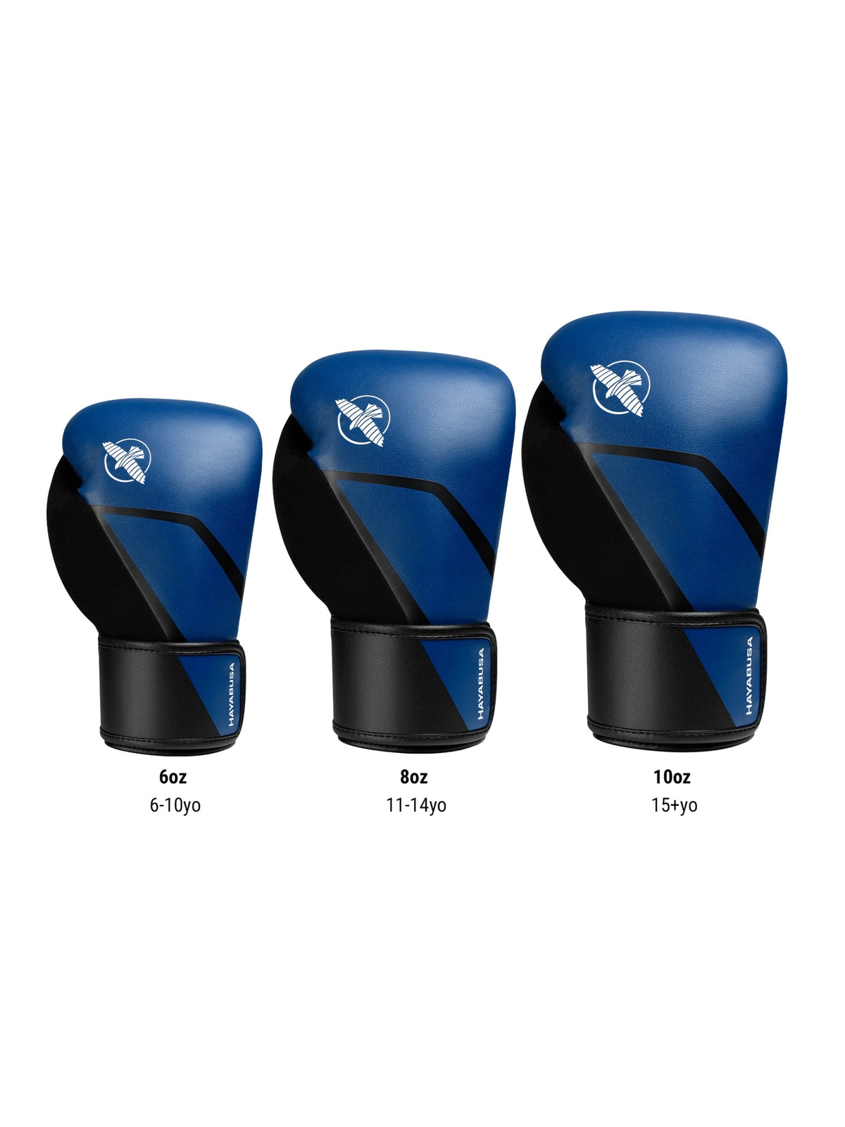 Hayabusa E1 Kids Boxing Gloves, blue/black, size chart