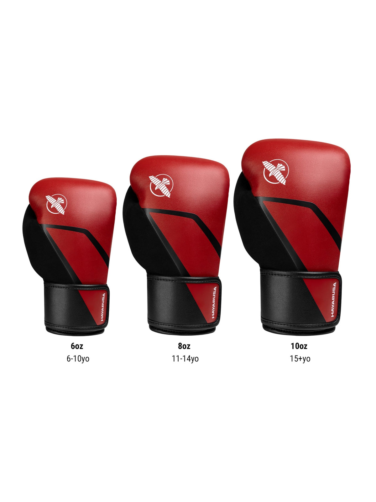 Hayabusa E1 Kids Boxing Gloves, red/black, size chart