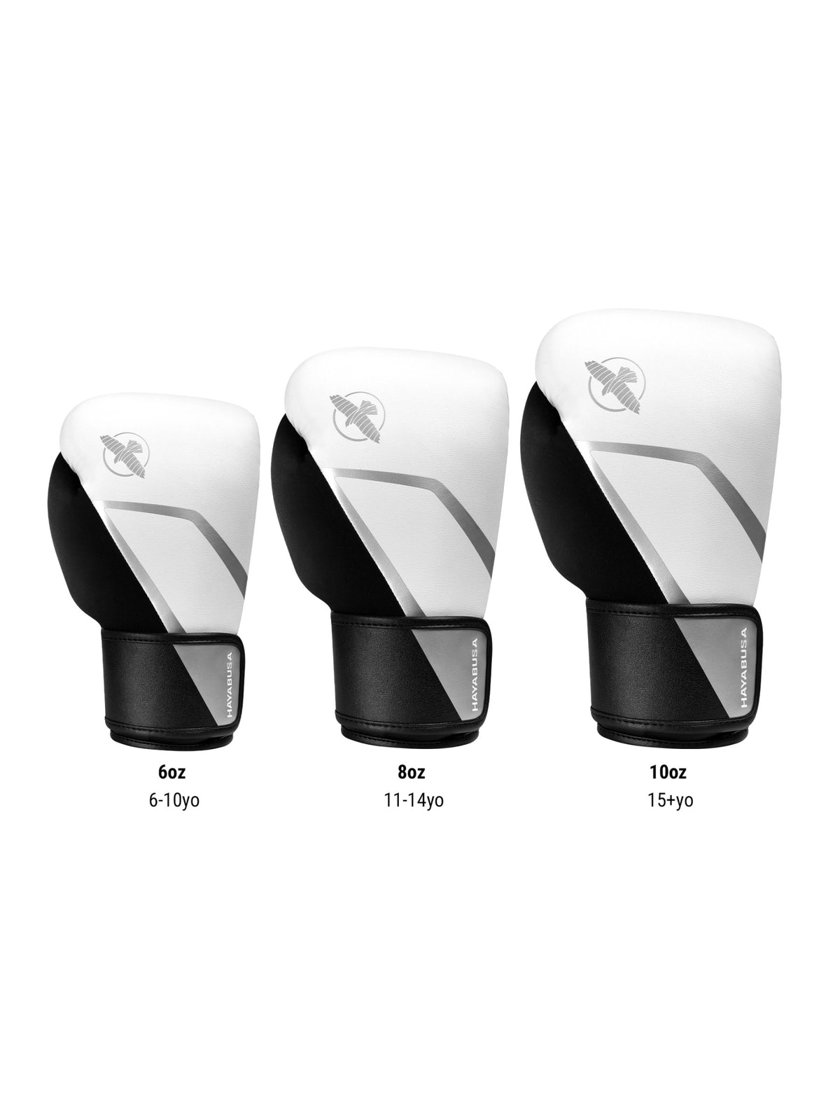 Hayabusa E1 Kids Boxing Gloves, white/silver, size chart