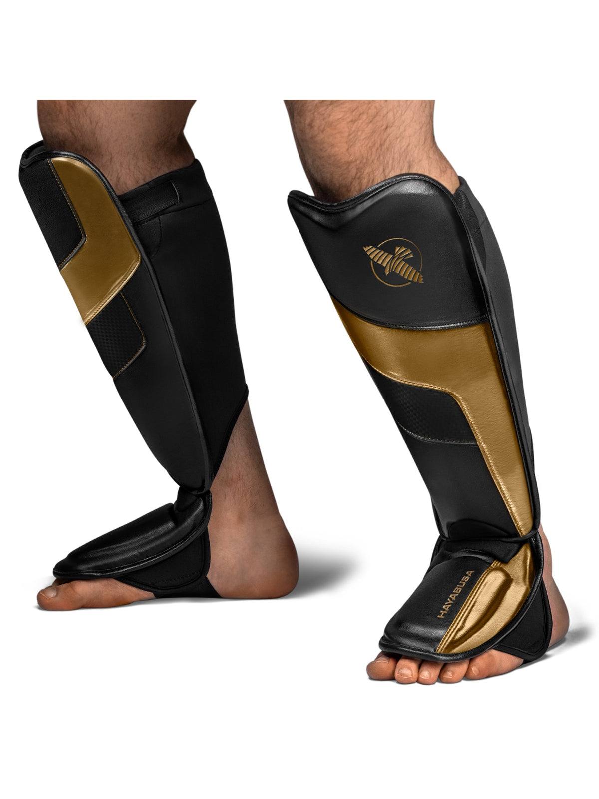 Hayabusa T3 Full Back Shin Guards, black/gold, feature graphic