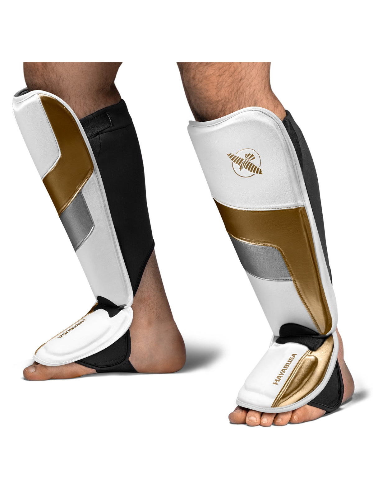 Hayabusa T3 Full Back Shin Guards, white/gold, feature graphic