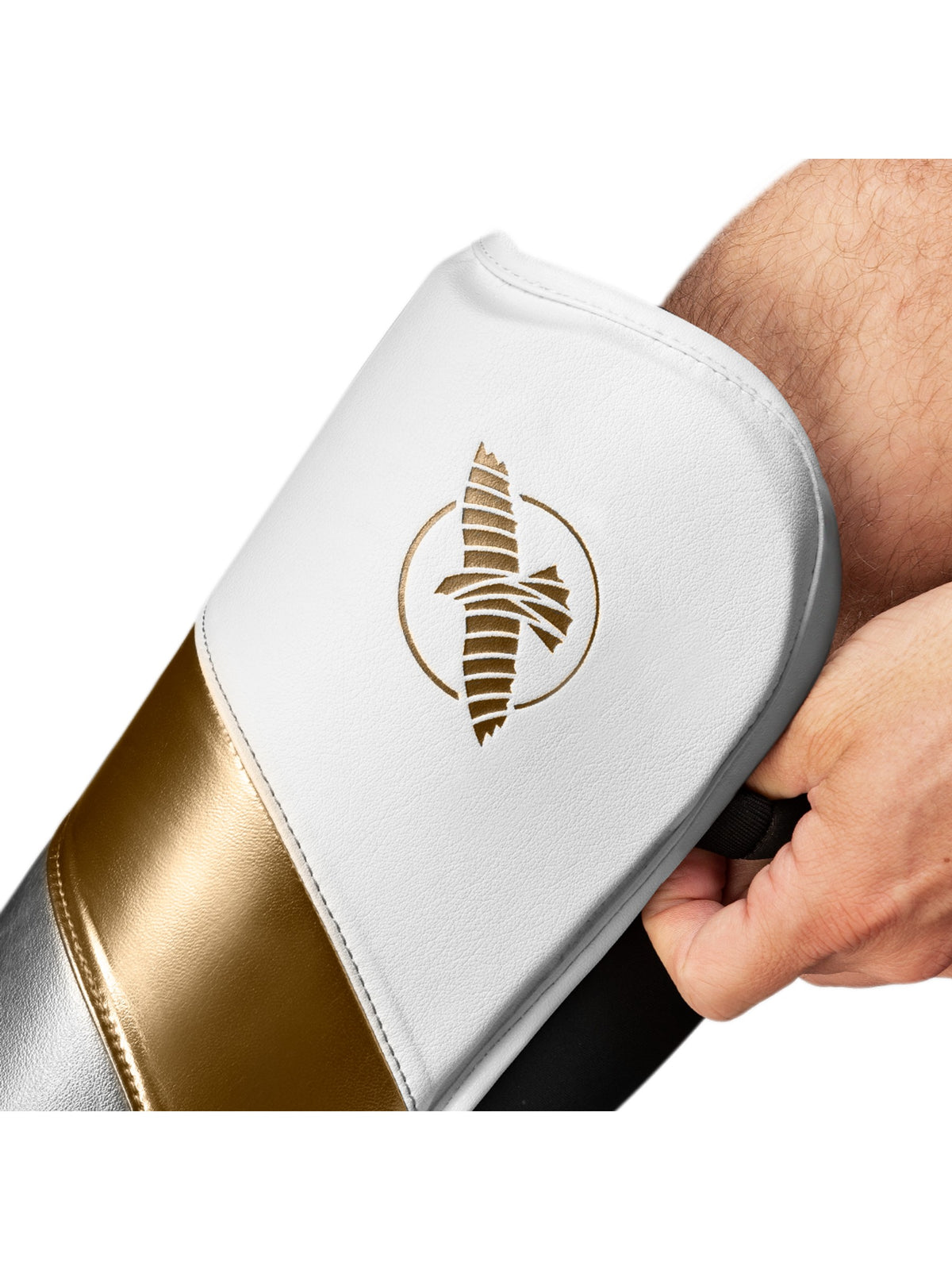 Hayabusa T3 Full Back Shin Guards, white/gold, image 4