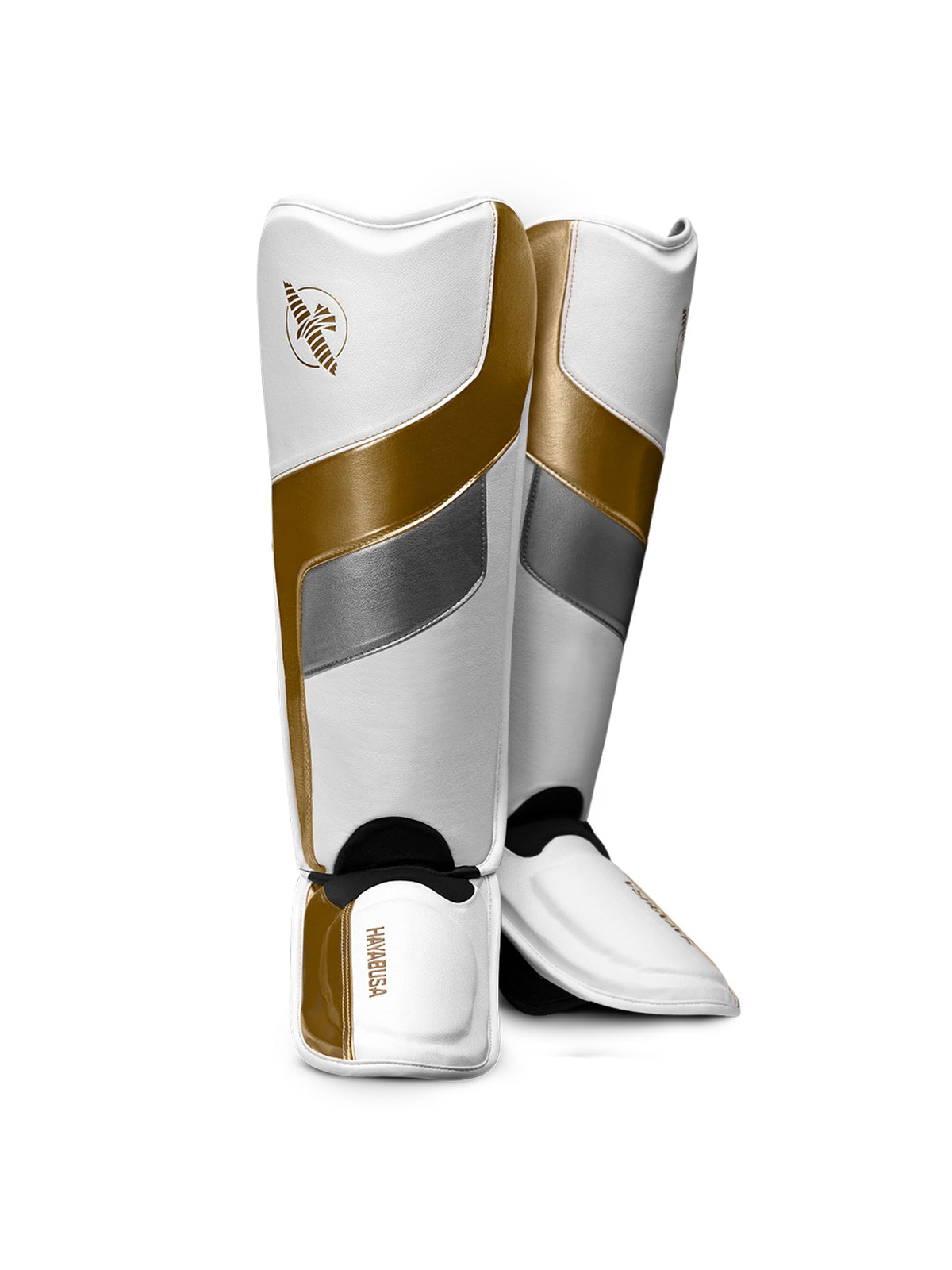 Hayabusa T3 Full Back Shin Guards, white/gold, main image