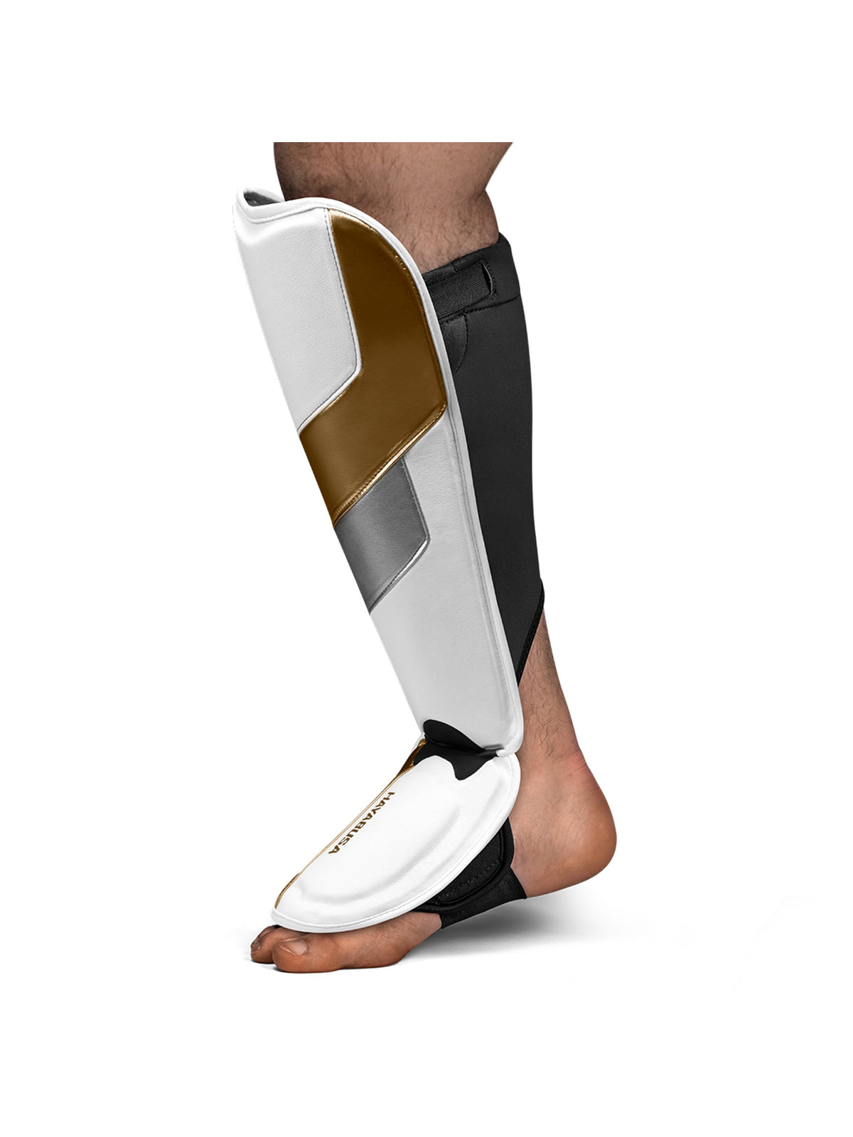 Hayabusa T3 Full Back Shin Guards, white/gold, image 3