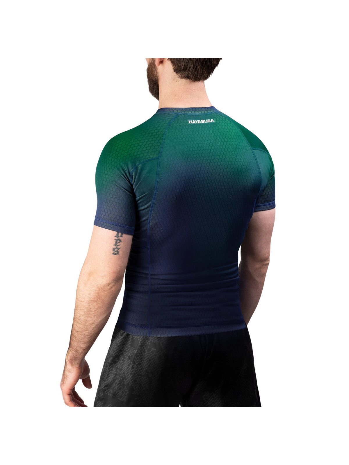 Hayabusa Fusion Short Sleeve Rash Guard – Blue/Green Back