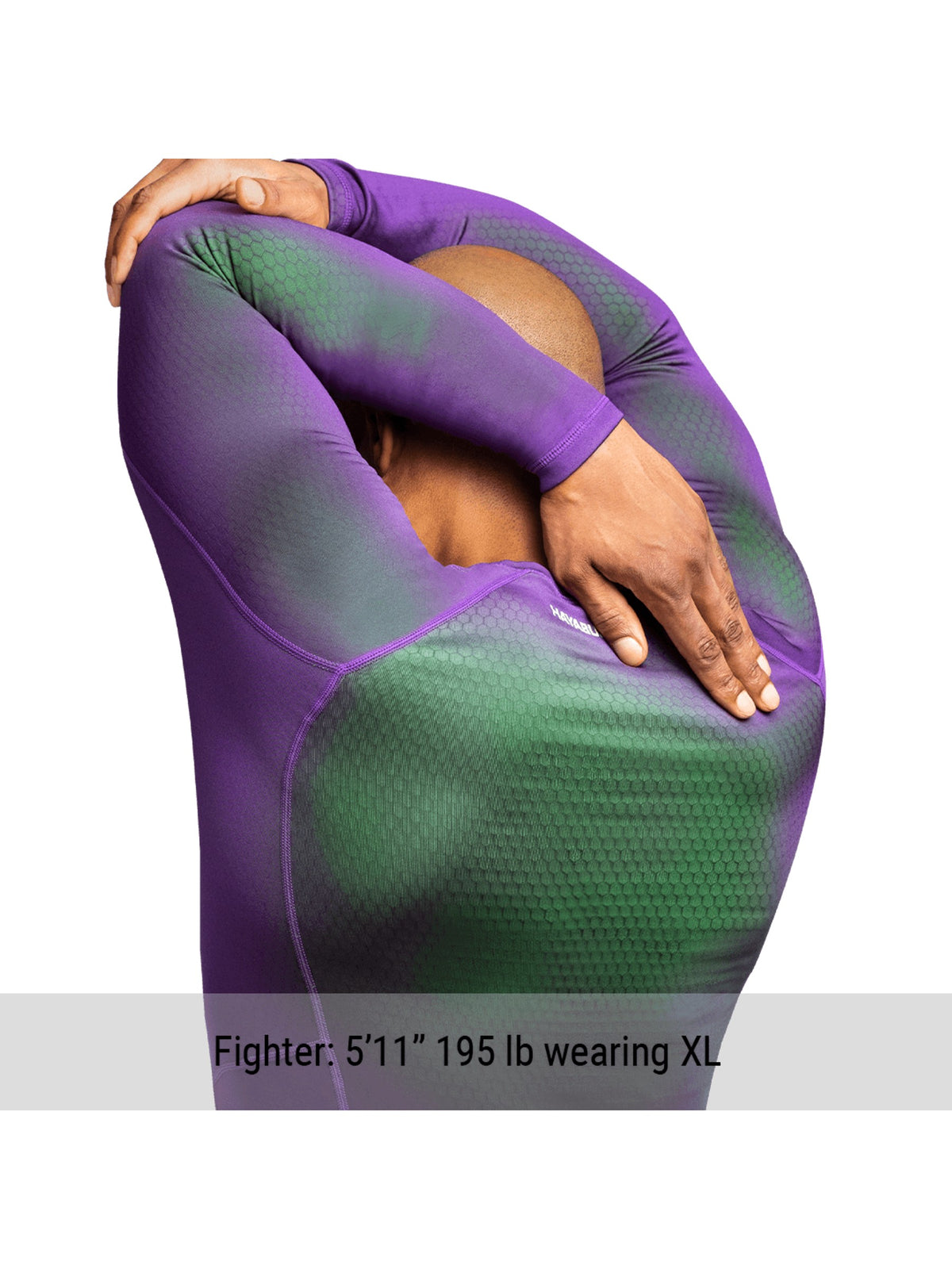 Hayabusa Fusion Long Sleeve Rash Guard, purple/green, size chart