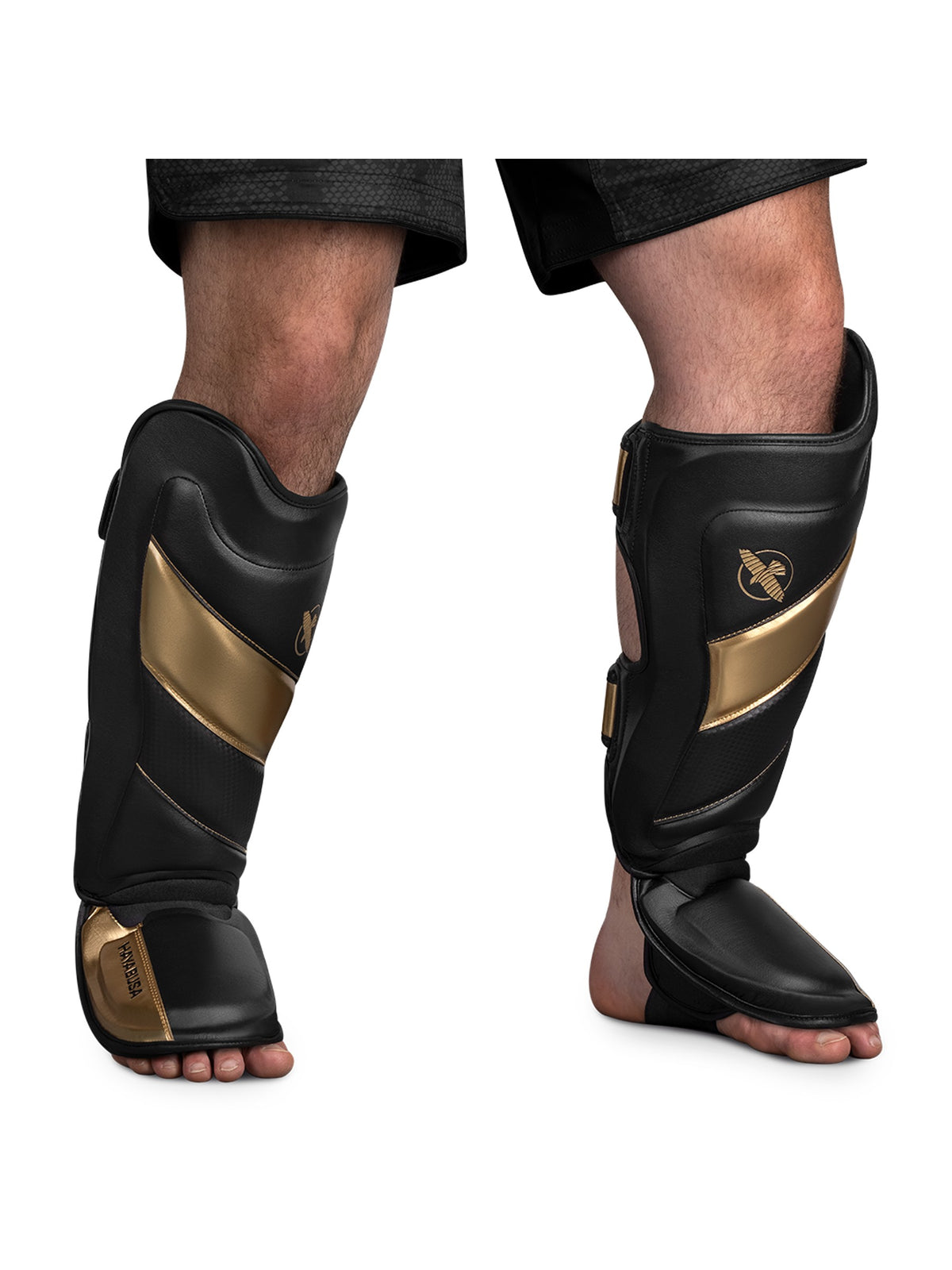 Hayabusa T3 Striking Shin Guards, black/gold, feature graphic