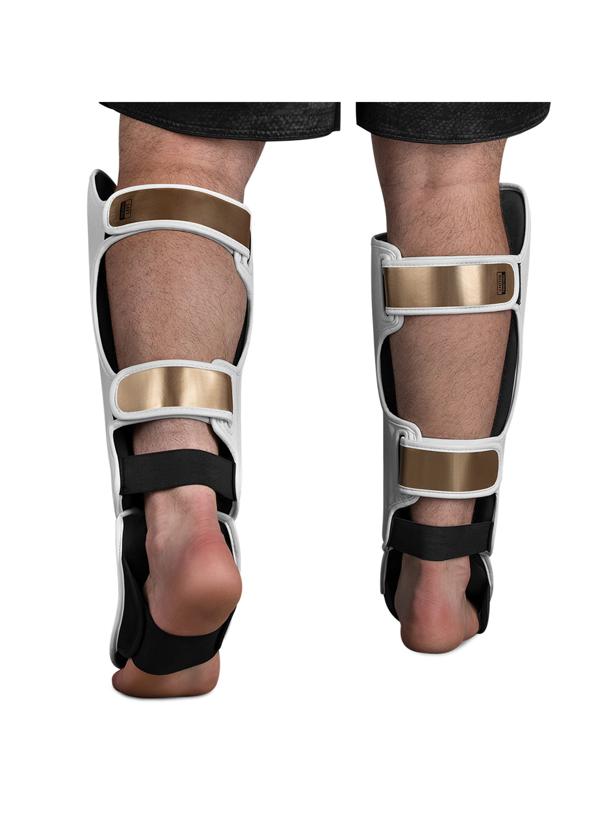 Hayabusa T3 Striking Shin Guards, white/gold, feature graphic